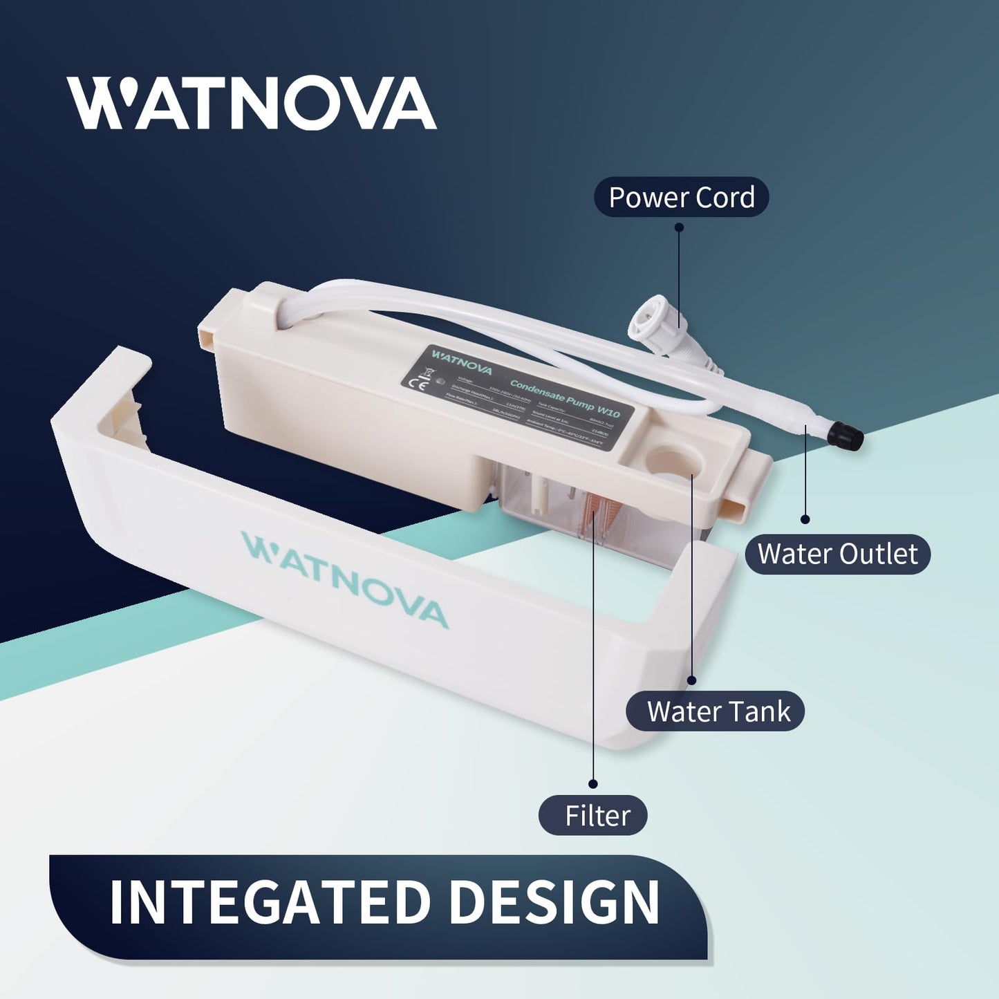 WATNOVA Undermount Mini Split Condensate Pump, Quiet 19 dB HVAC Drain Pump with Probe Sensor, 100-240V, 10 GPH, 37 ft Max Lift, Safety Switch for Wall-Mounted AC, Dehumidifier, Furnace