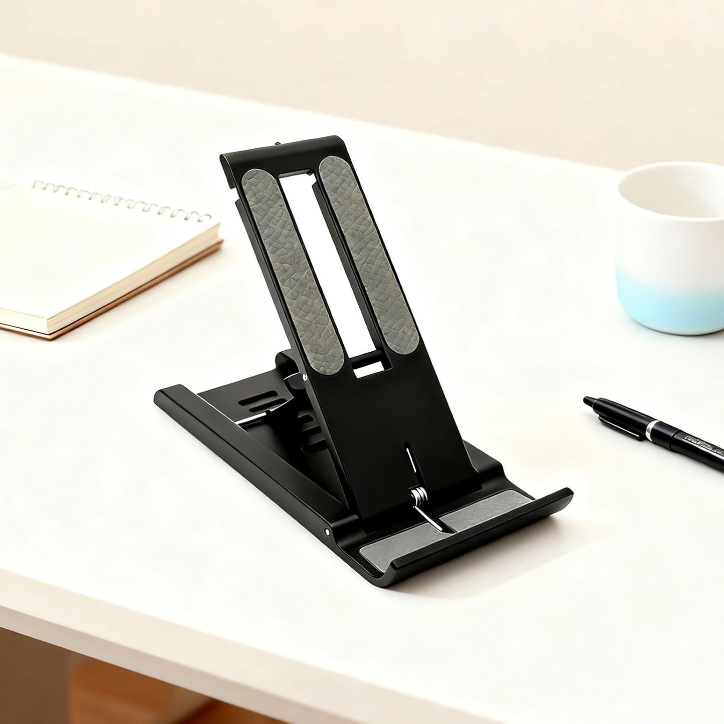 Attkryy Compact Adjustable Foldable Phone Stand for Desk - Black, Mini Mobile Holder for iPhone, Kindle