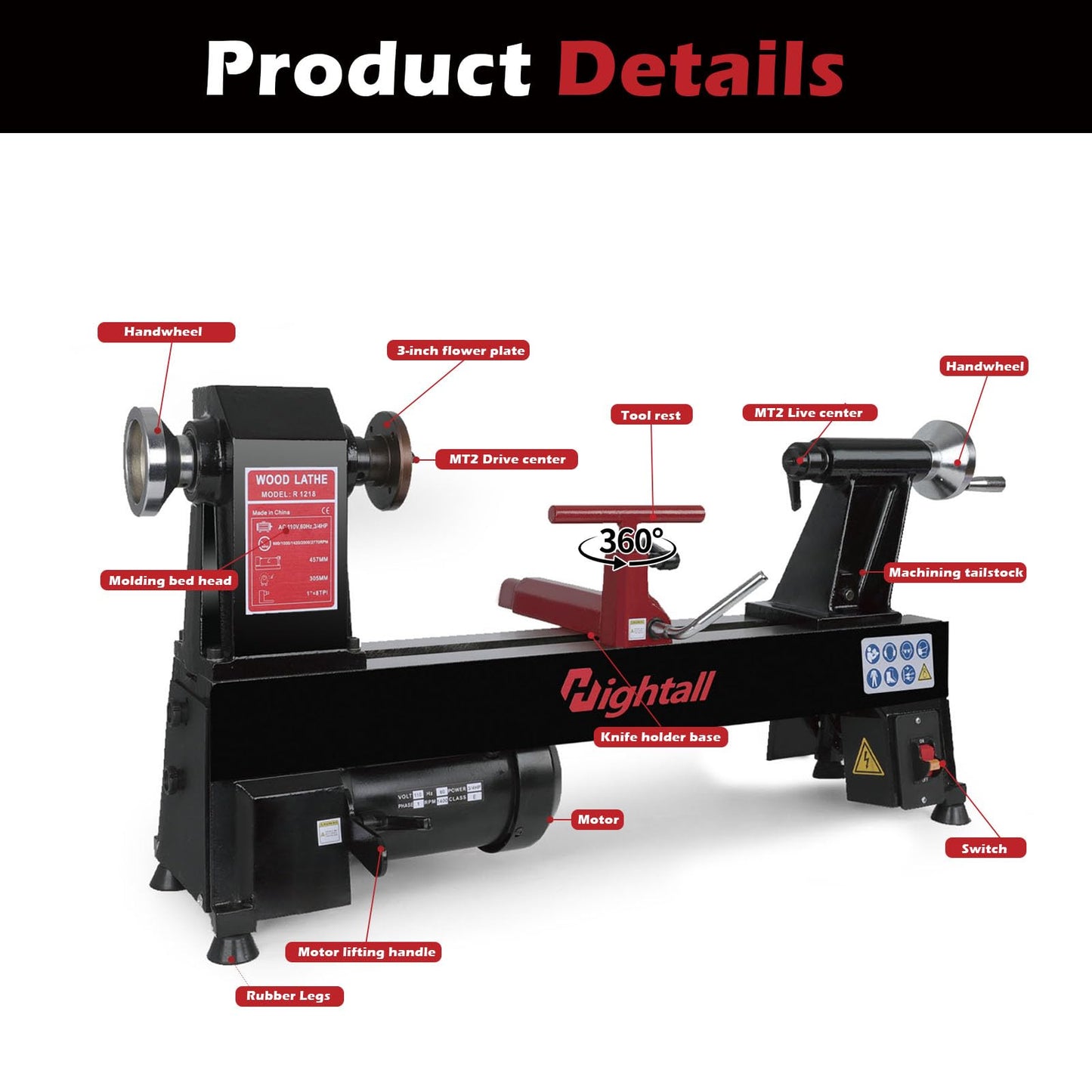 Wood Lathe Machine, 12 x 18 inch, 550W 3/4HP, 5 Speed Settings 680-2770 RPM,Benchtop Lathe with MT2 Drive/Live Center
