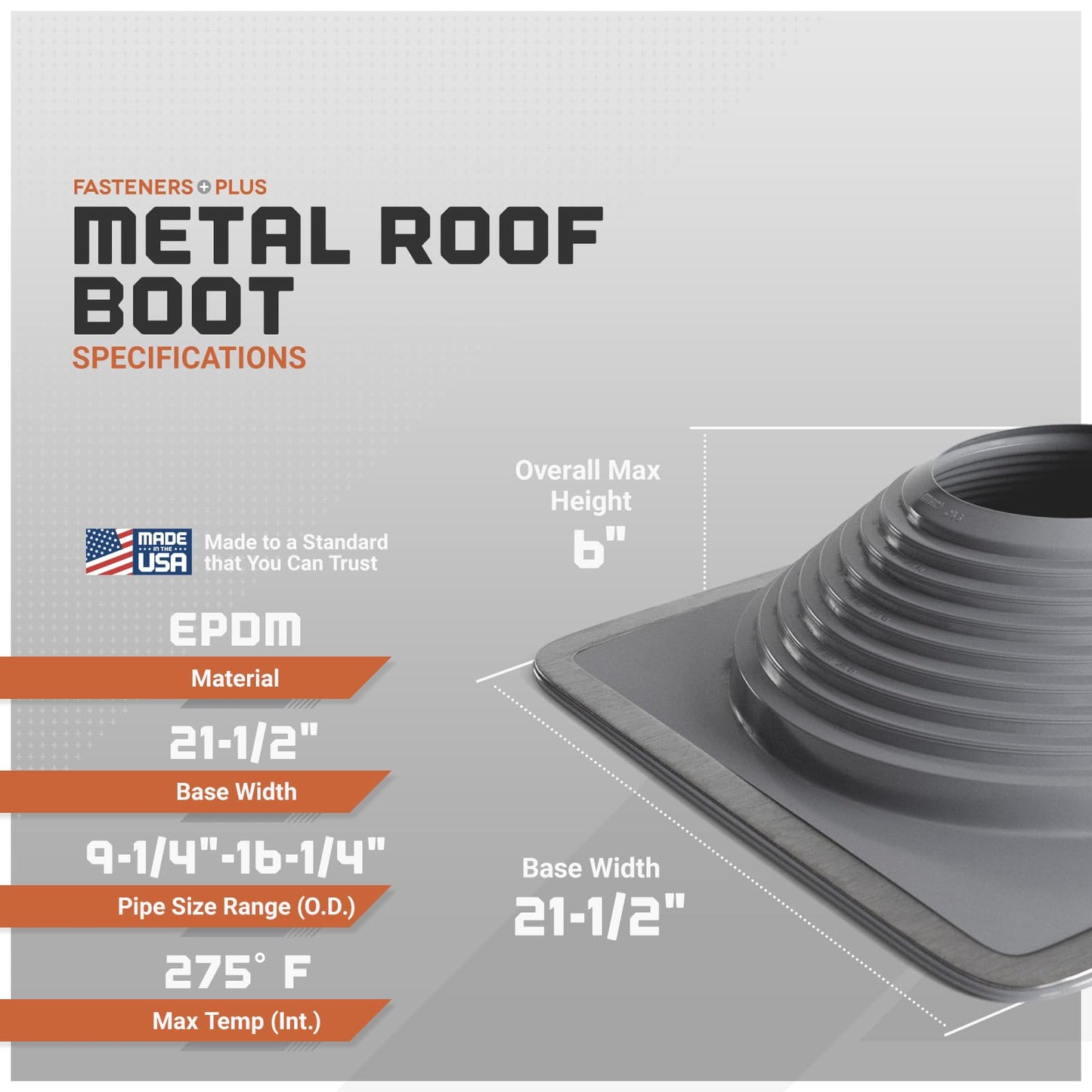 Fasteners Plus #3 Square Retrofit EPDM Metal Roof Pipe Flashing Boot (Made in USA), Fits 9-1/4” - 16-1/4” Pipe OD, Gray Metal Roof Boot for Repairs and Upgrades