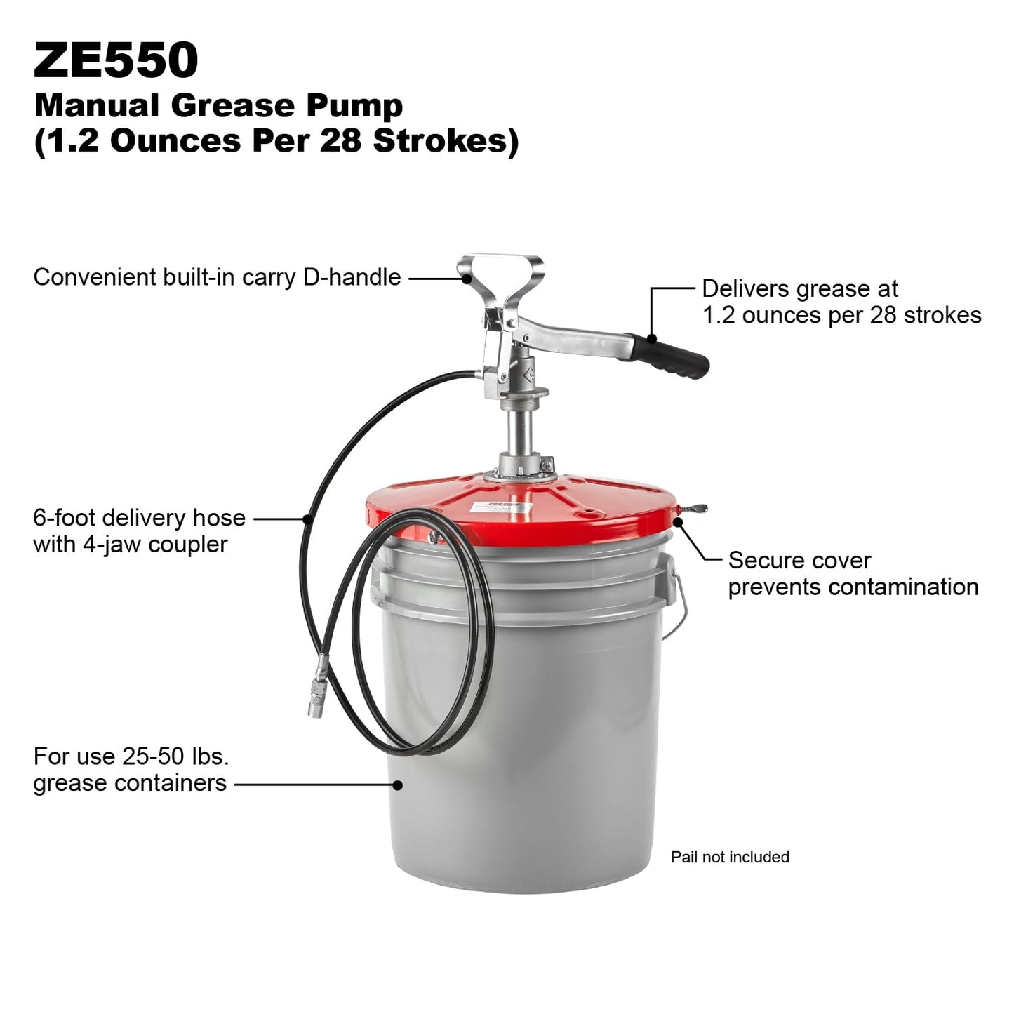Zeeline By Milton ZE550, Grease Pump, 1.2 Ounces Per 28 Strokes, Designed To Fit 25-50 LBS of Grease, Manual Grease Pump with Carrying Handle, Maximum Output Pressure 3500 PSI