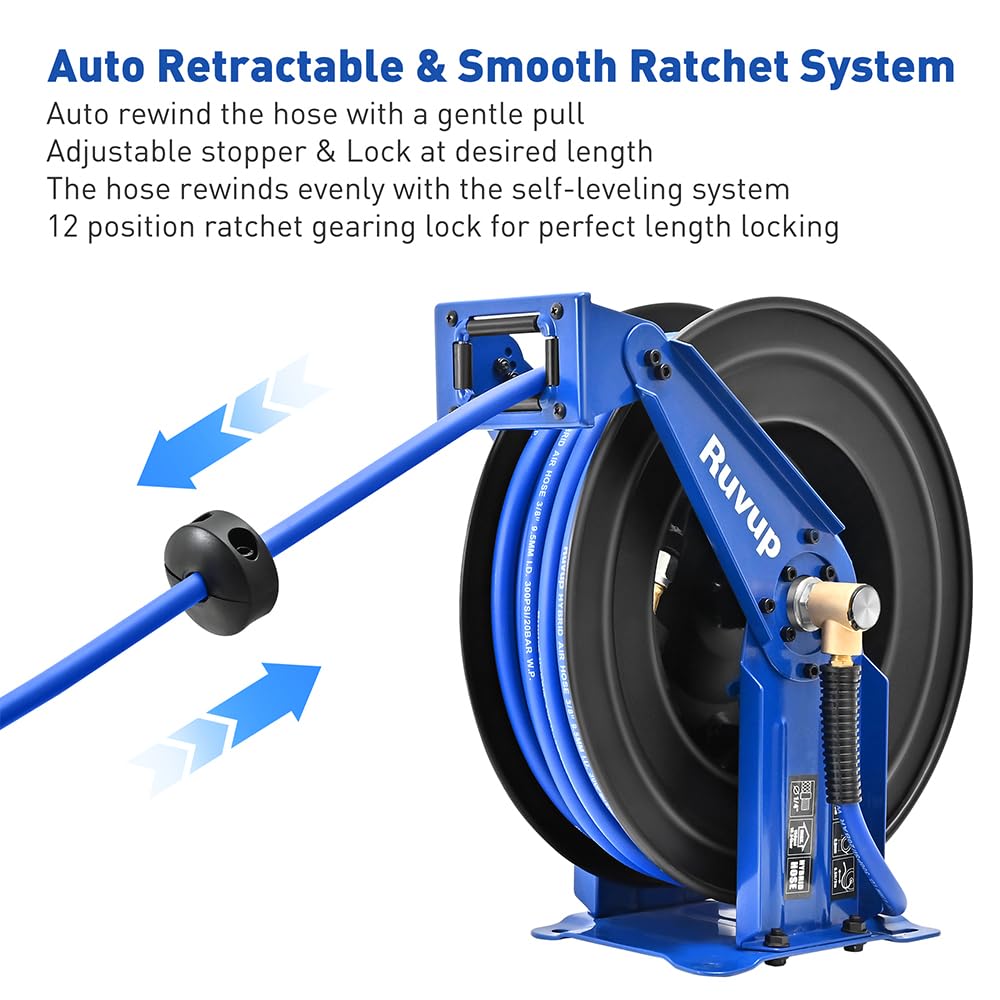 Ruvup Retractable Air Hose Reel, 3/8" x 75ft Air Compressor Hose Reel Auto Rewind Hybrid Hose Max 300PSI with 6.5ft Lead Hose Heavy Duty Steel Double Arm with 12-Position Ratchet Lock