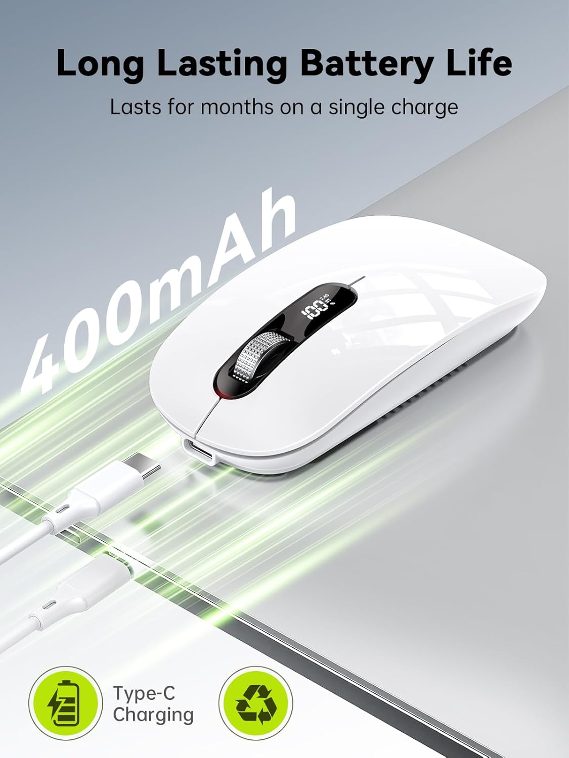 ASLDPUO 5.0/4.0 2.4G Wireless Bluetooth Mouse, Bluetooth & Tri-Mode, Type-C Rechargeable with LED Screen Display