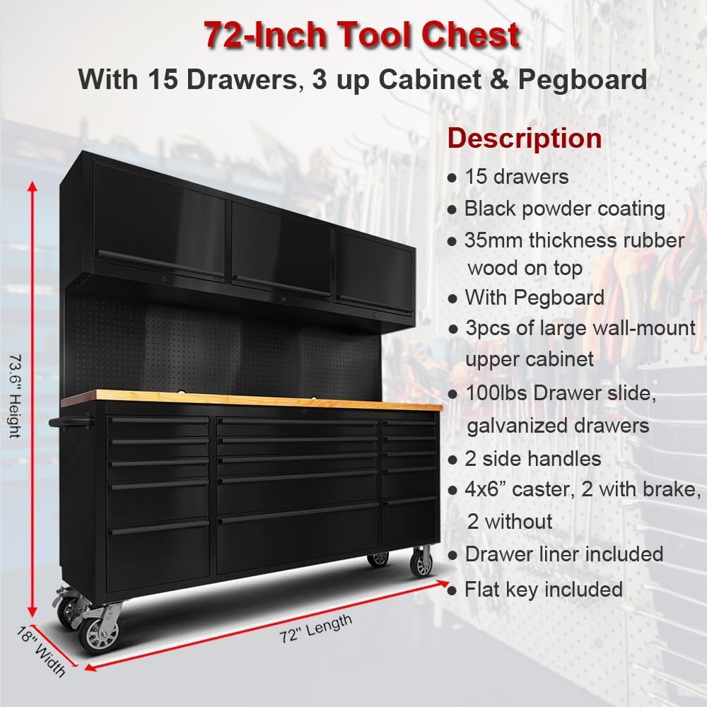 UYRIE 72'' Rolling Tool Chest with 15 Drawers + 3 Upper Cabinets, Large Tool Box, Matte Black Mobile Workbench, Lockable Storage Cabinet with Wheels for Garage Workshop (1 × HTC7218PC)