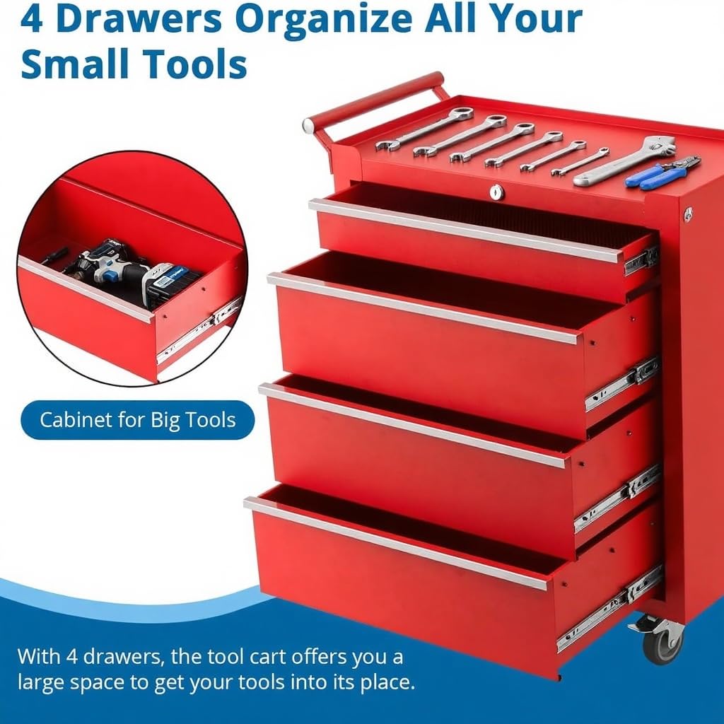 GarveeHome 4-Drawer Tool Chest, Rolling Tool Box with Wheels and Lock System, Portable Storage Rolling Tool Chest for Warehouse, Workshop & Repair Shop, Red