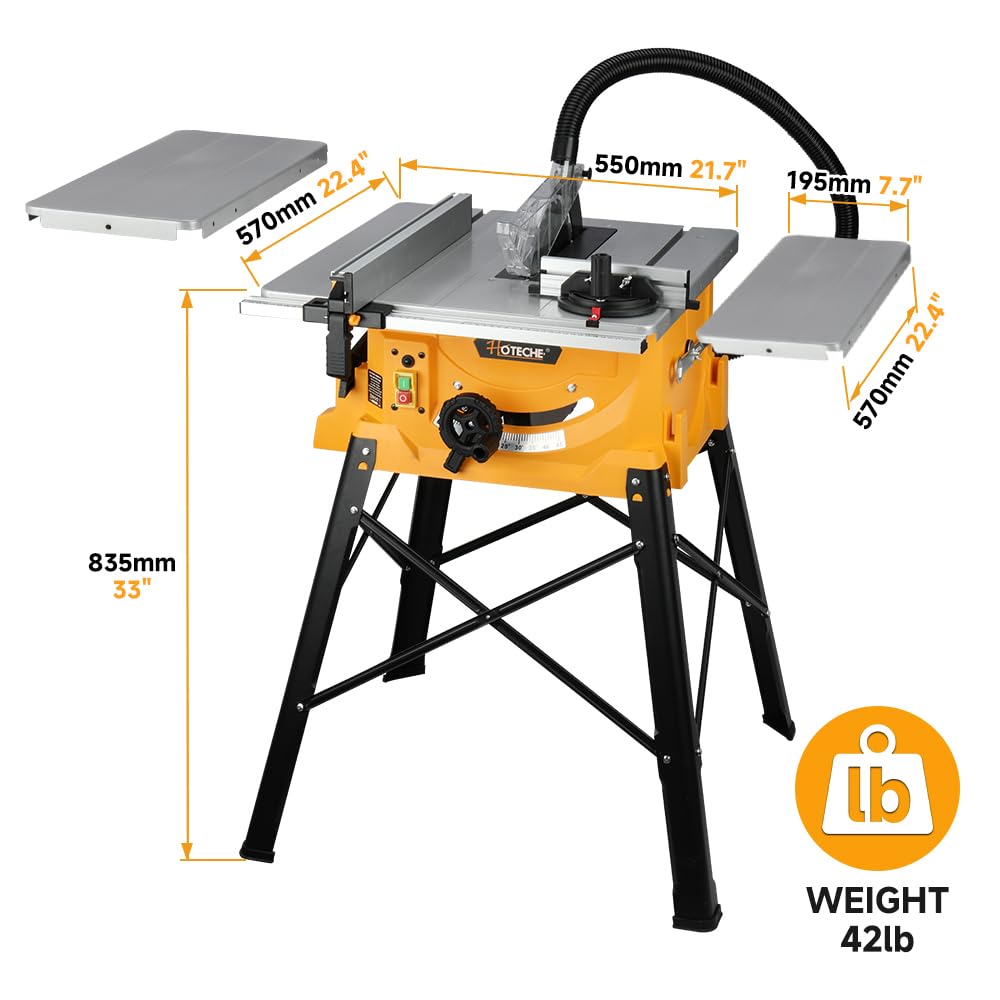 Hoteche 10-Inch Table Saw - 15-Amp Electric Power Saw with Stand and Extendable Table for Woodworking, Carpentry, DIY Projects