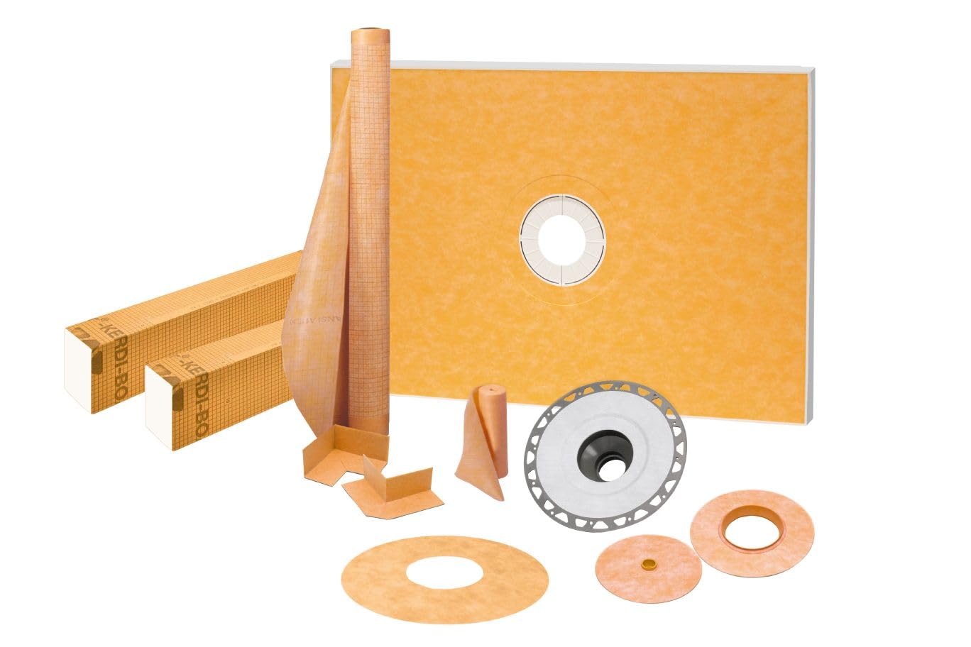Schluter Kerdi Shower Kit with Shower Tray, Curb, Waterproofing Membrane, Strips & Seals - PVC Plastic, 38" x 60" Tray Size, Center Outlet Position - KSK9651525PVC