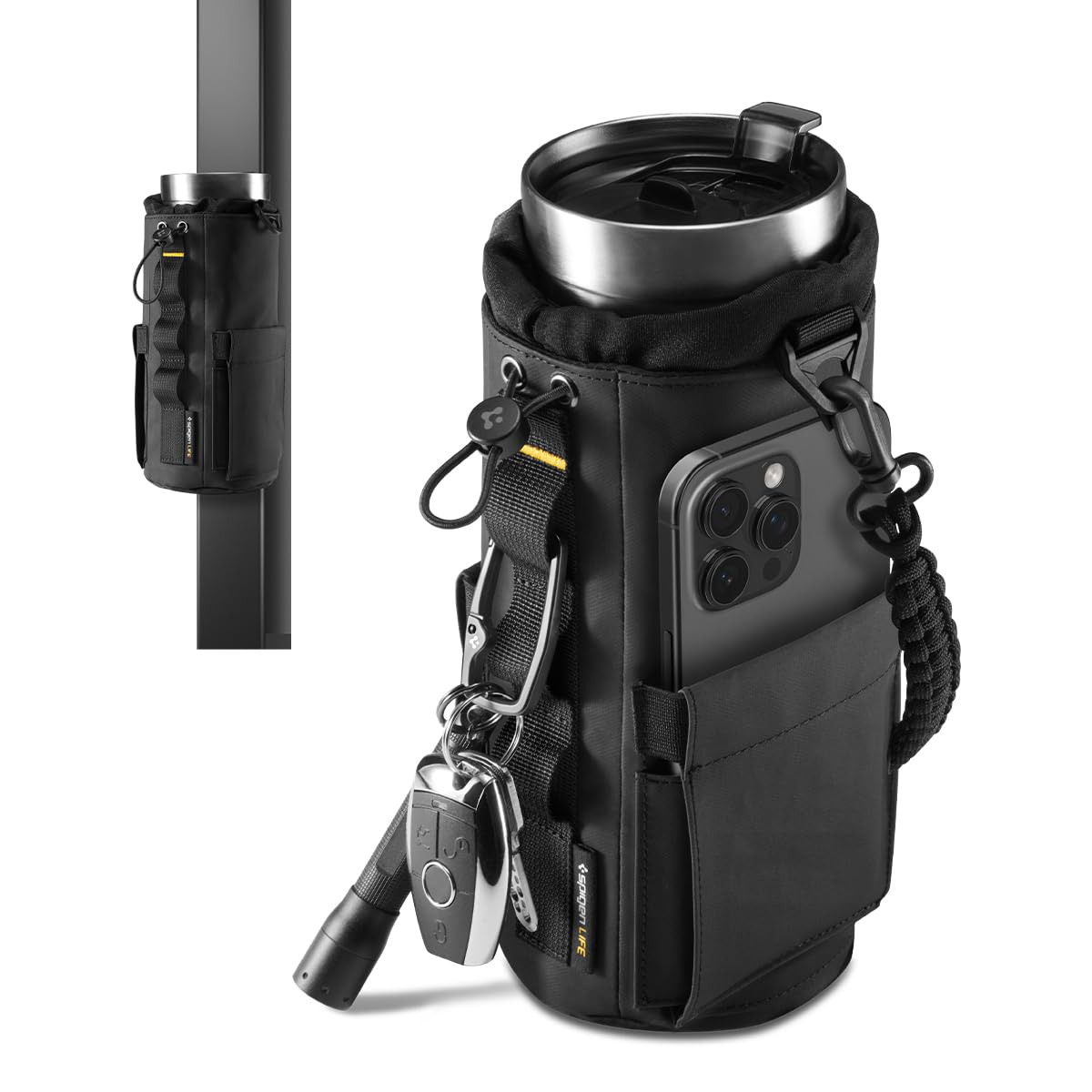 Spigen Life Magnetic Gym Bag for Men Tumbler Carrier Holder Bag for 20oz–40oz Water Bottles w/Molle System, Phone Pocket, Drawstring/Cord Lock, D-Ring Strap, Waterproof – Black