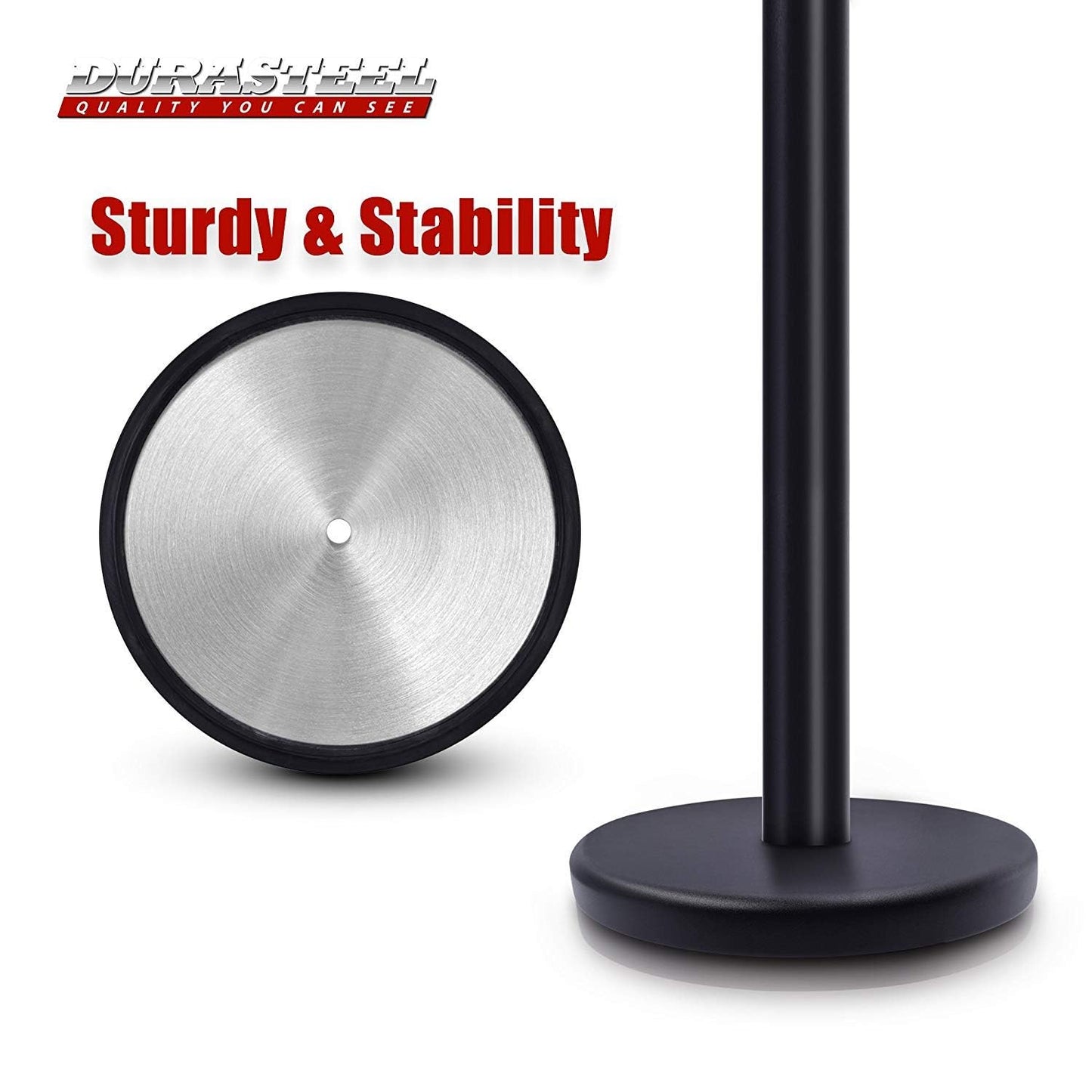 DuraSteel Black Crowd Control Barriers Stanchions with Retractable Belts - Metal Stanchion Posts w/ 6.5ft Black Retractable Barrier Belt Ropes - Queue VIP Safety Line Dividers - Set of 6 Stantions