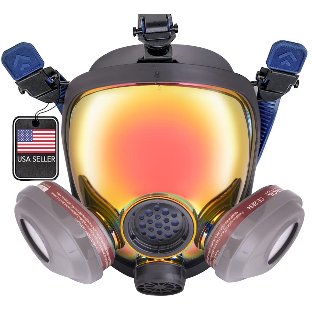 Parcil Distribution PD-101 Inferno Red Mirrored Full Face Organic Vapor & Particulate Respirator - Dual Activated Charcoal Filtration - Full Face Eye Protection Mask