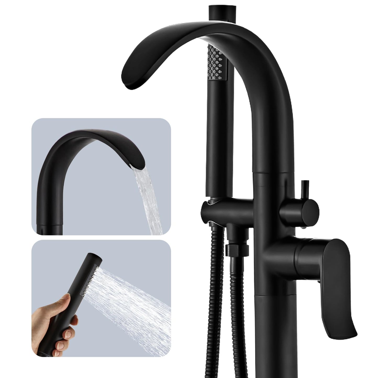 SONMAJIA Free Standing Bathtub Faucet Tub Filler Stand Alone Black, Waterfall Floor Mount Brass Standing Tub Faucet with Hand Sprayer