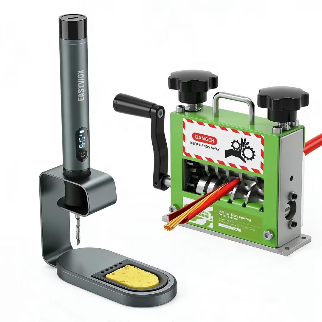 Manual Wire Stripping Machine & Cordless Soldering Iron Kit, Drill Powered Wire Stripper with 6 Channels 5 Blades for Scrap Copper Recycling, Rechargeable Soldering Pen 7S Fast Heating with LED Light