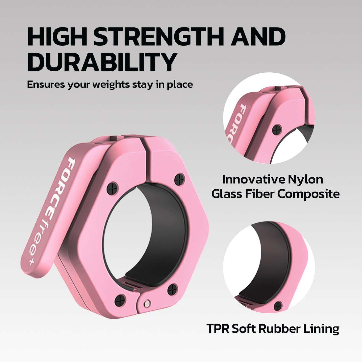 Forcefree+ Barbell Clips (Pair), Barbell Clamps, Quick Release Olympic Barbell Clamps with Anti Slip TPR Grip, Barbell Collars for Secure Weightlifting & Powerlifting (Non Magnetic, Pink)