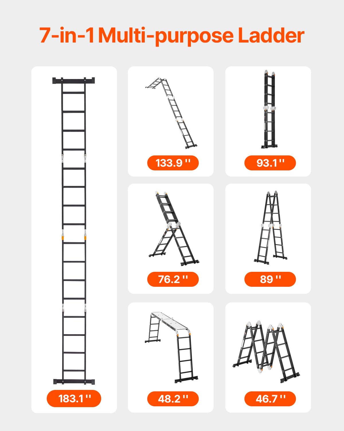 VEVOR Multi-Purpose Folding Ladder, 7-in-1 Tall Extension Step Ladder, A Frame 4 Step with Scaffolding Plank Telescoping Ladder, 15.5ft Reach Height Heavy Duty, 330 lbs Capacity for Home Outdoor