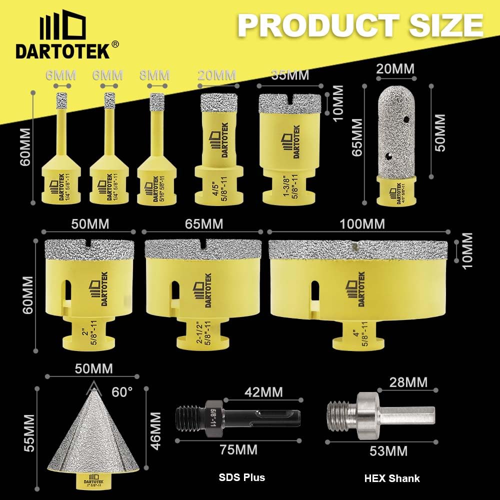 Diamond Core Drill Bits Set 12PCS - DARTOTEK Tile Hole Saw Kit (6/6/8/20/35/50/65/100/20mm/2/SDS/HEX for Porcelain, Ceramic Tile, Granite, Marble, Masonry