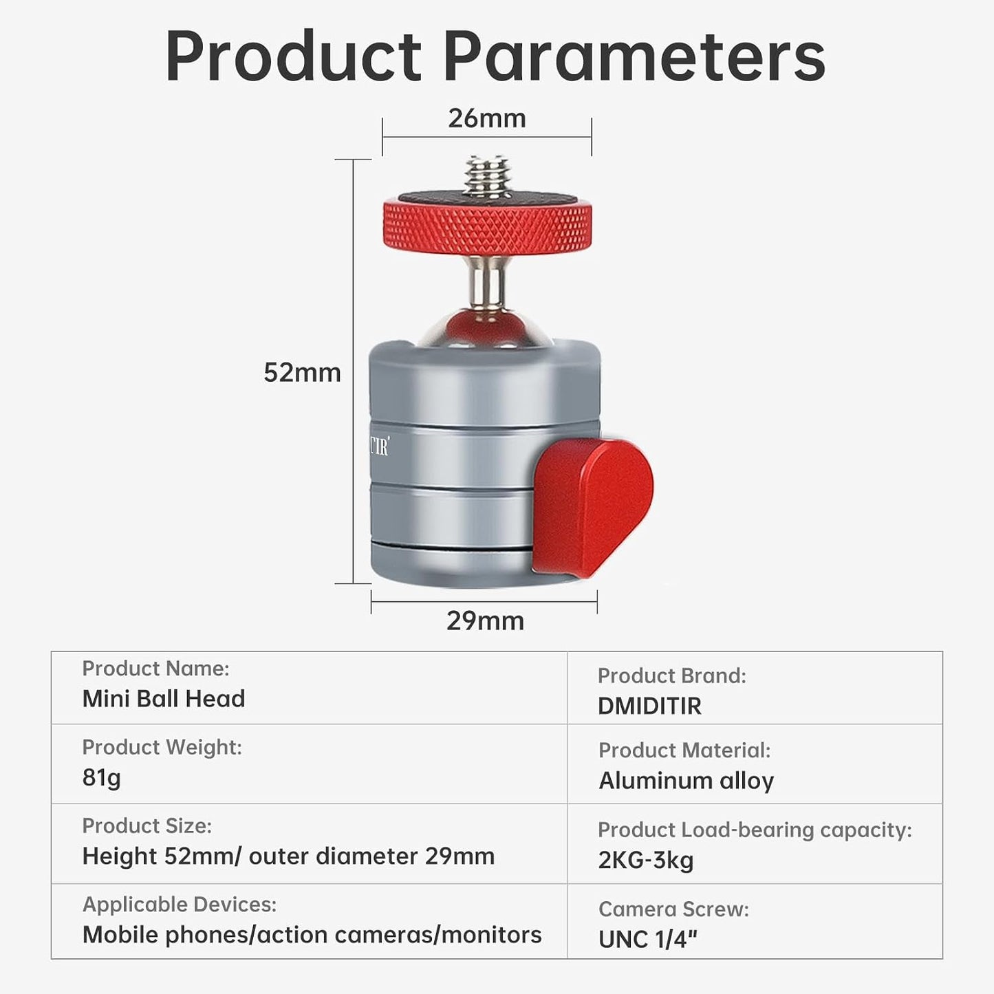 DMIDITIR Q18, 360 1/4" Mini Spherical Ball Head Panoramic Gimbal, Aluminum Construction, Interface, Compatible