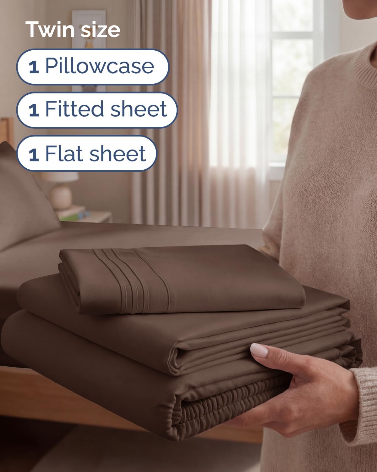 Skiennix Twin Size 3-Piece Sheet Set - Ultra-Soft, Breathable & Cooling Bedding - Deep Pockets, Oeko-Tex Certified - Brown