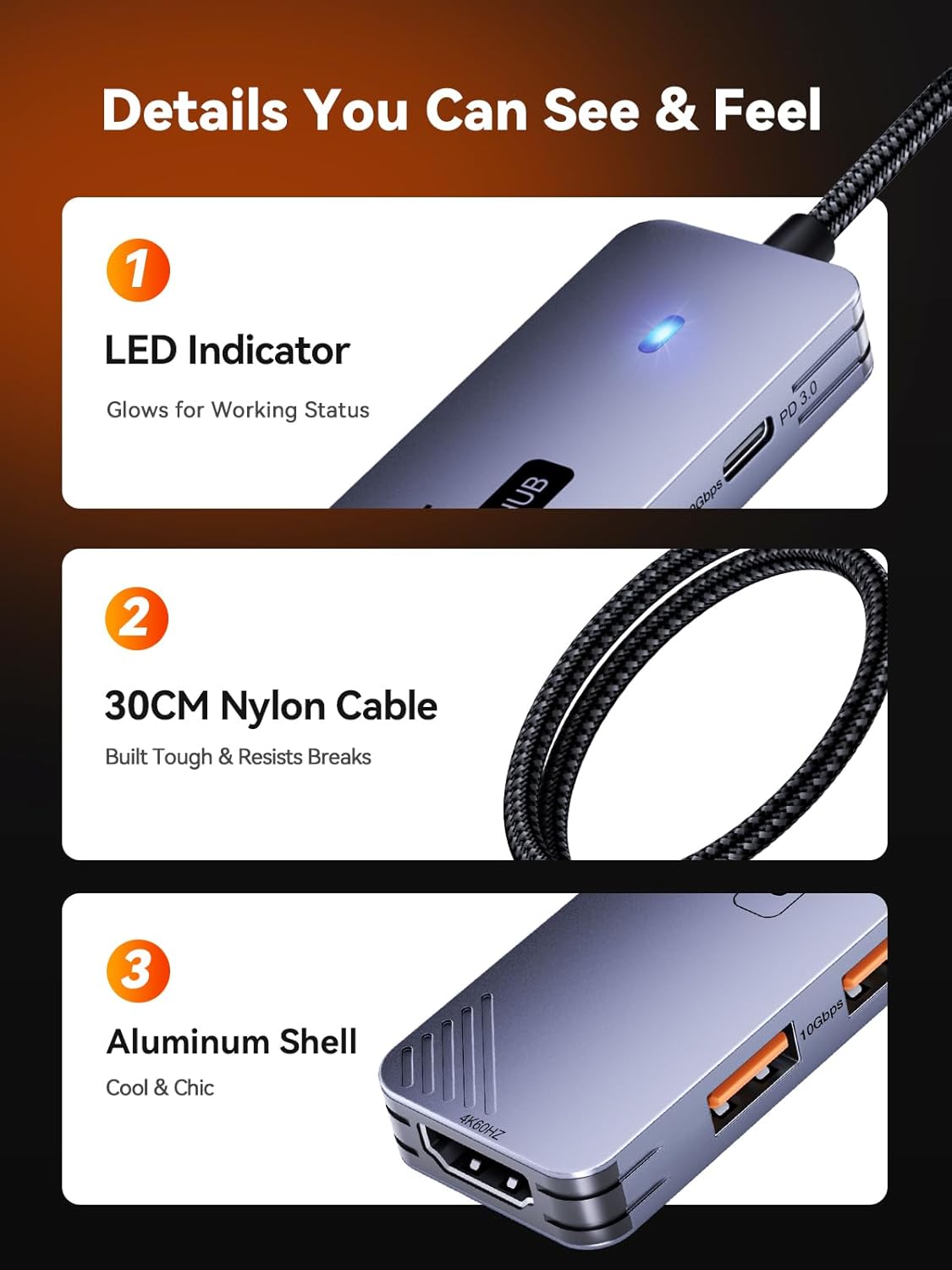 QUUGE 10Gbps, 6-in-1 4K@60Hz 100W 2 3.2 30cm USB C Hub Aluminum Multiport Adapter for Laptops, USB C to HDMI Adapter
