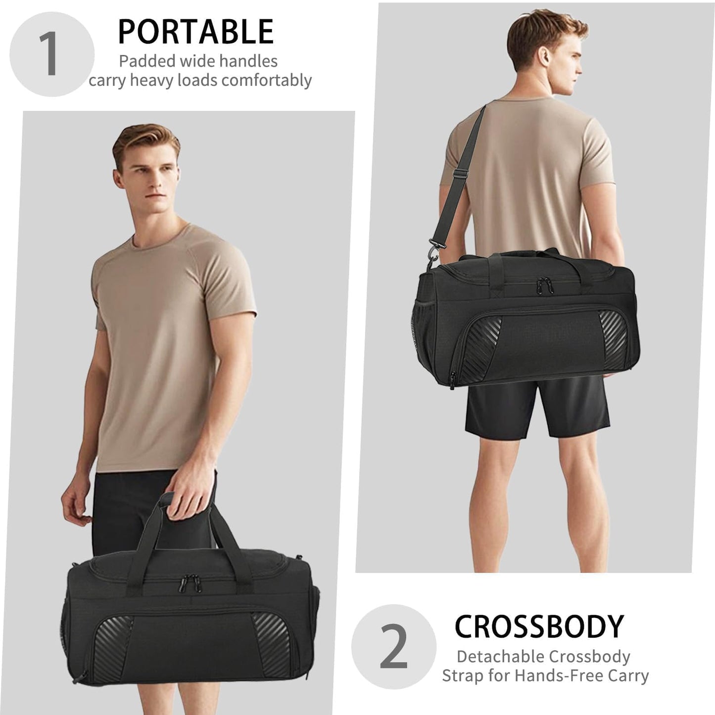 Urbanstand Gym Bag with Shoe Compartment - 50L Black Durable Large Duffle Bag for Travel, Weekender Carry On Duffel Bag for Men, Sports, Fitness & Workout