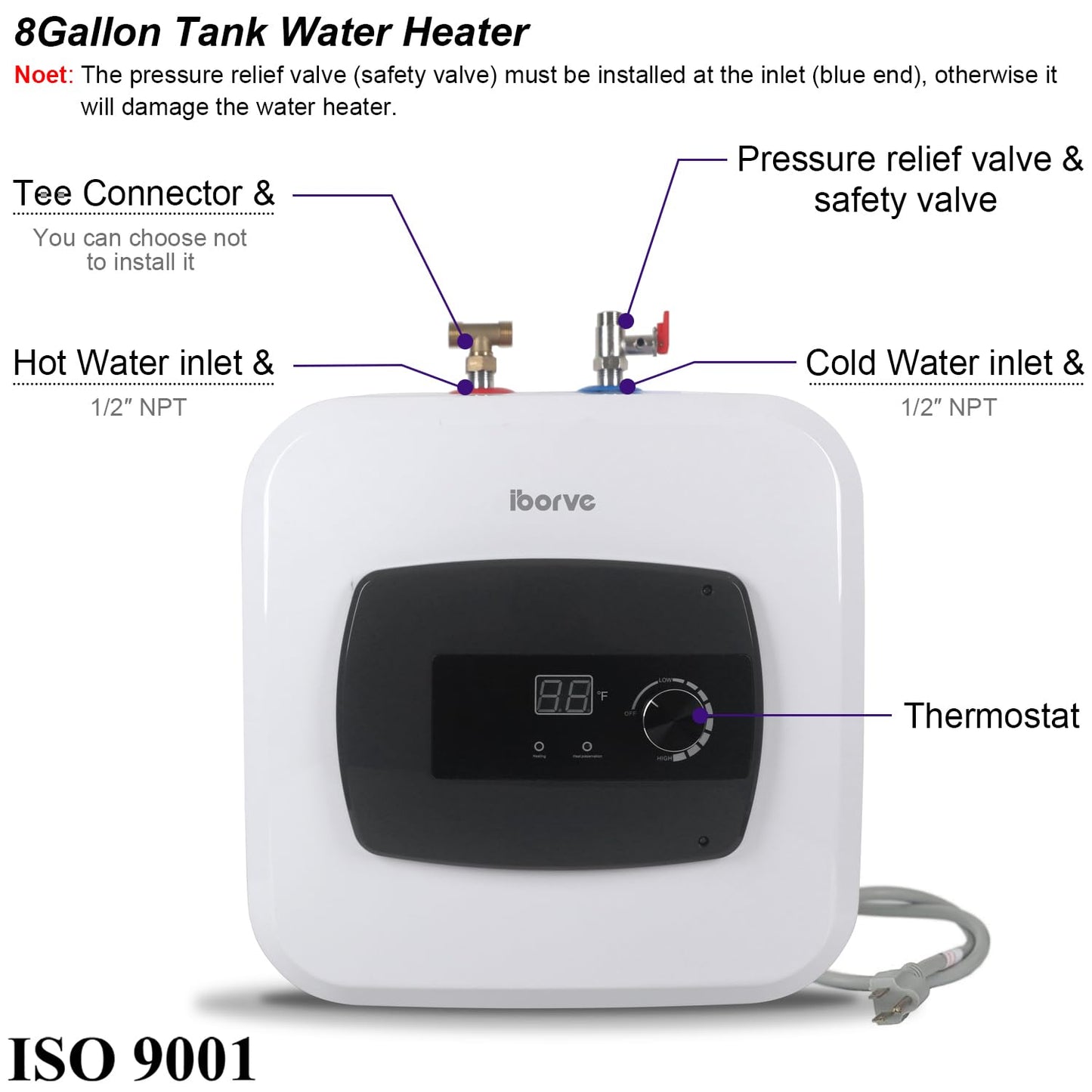 Electric Small Tank 8 Gallon Water Heater,Cabinet Under Sink Instant Hot Water for RV Trailer Camper, Kitchen, Food Truck,120V 1500W Can Shower Alone Set Complete & 304 Stainless Steel(30L)