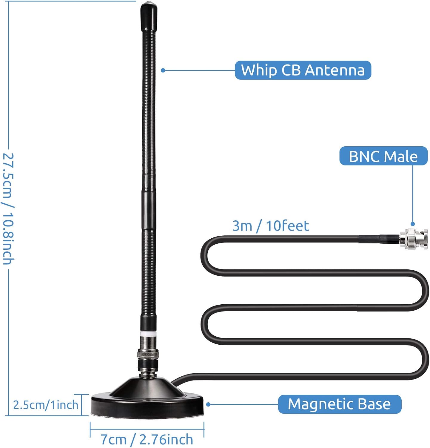 BINGFU 27MHz PL259 Magnetic Base CB Antenna with BNC & Male Connector for Cobra Midland Uniden Maxon President Handheld