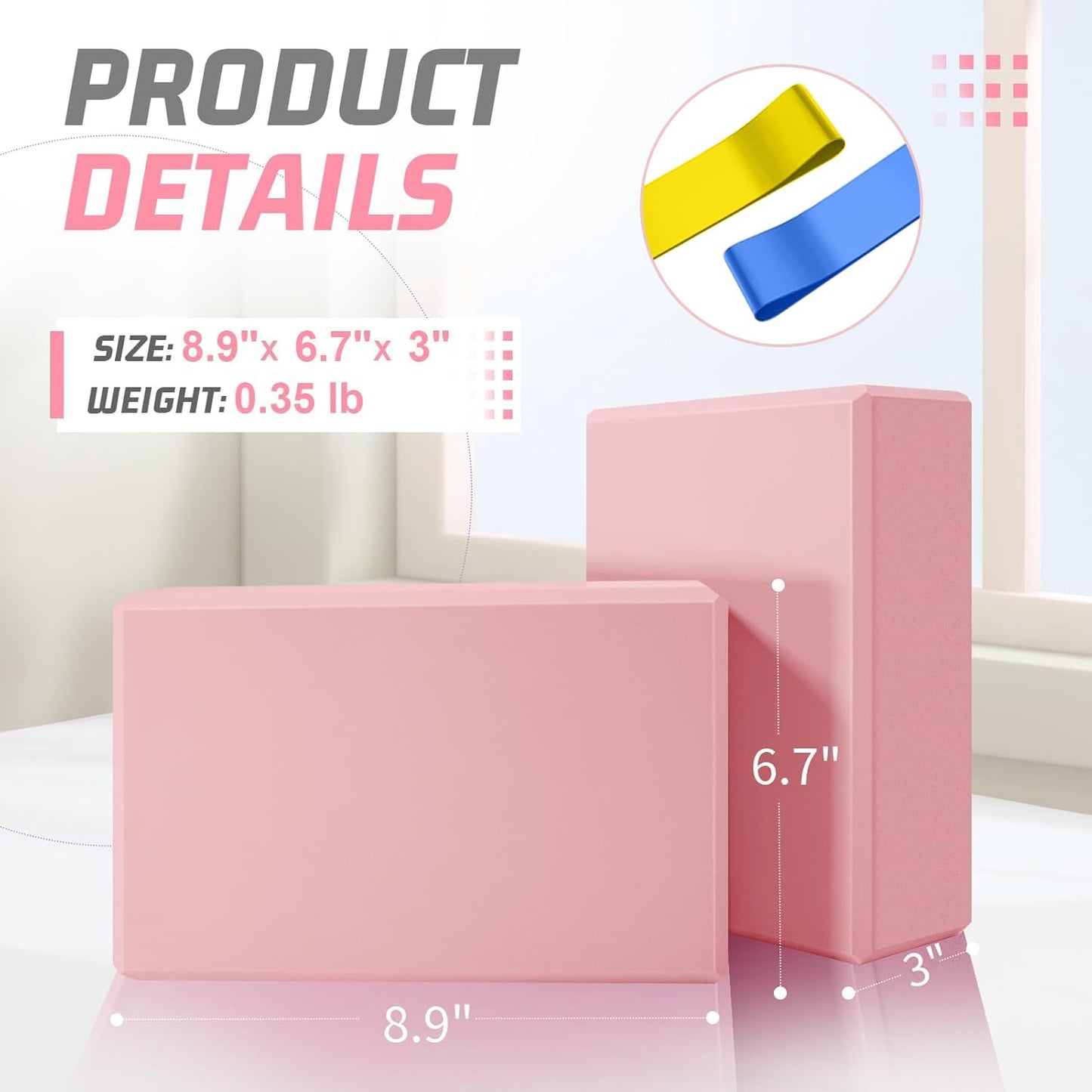 Yoga Blocks 2 Pack 3x6x9IN Foam Block Supportive Latex-Free with Stretch Band, Non-Slip Exercise Blocks for Pilates, Meditation, Balance, Stretching and Deep Poses (Pink)