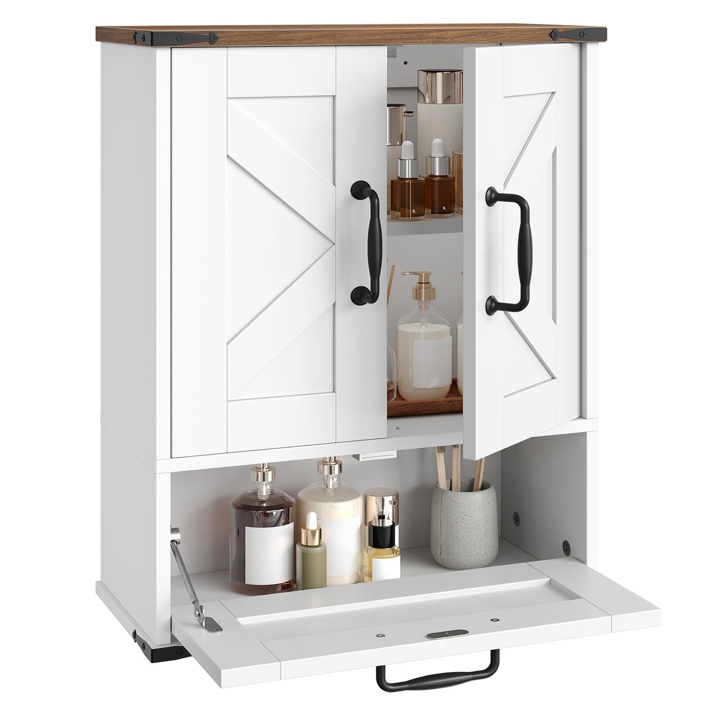 HOOBRO Farmhouse Wall Mounted Cabinet with Adjustable Shelf, Medicine Cabinet with Flip-Down Door, Over The Toilet Bathroom Organizer, for Small Bathroom, Kitchen, White and Walnut