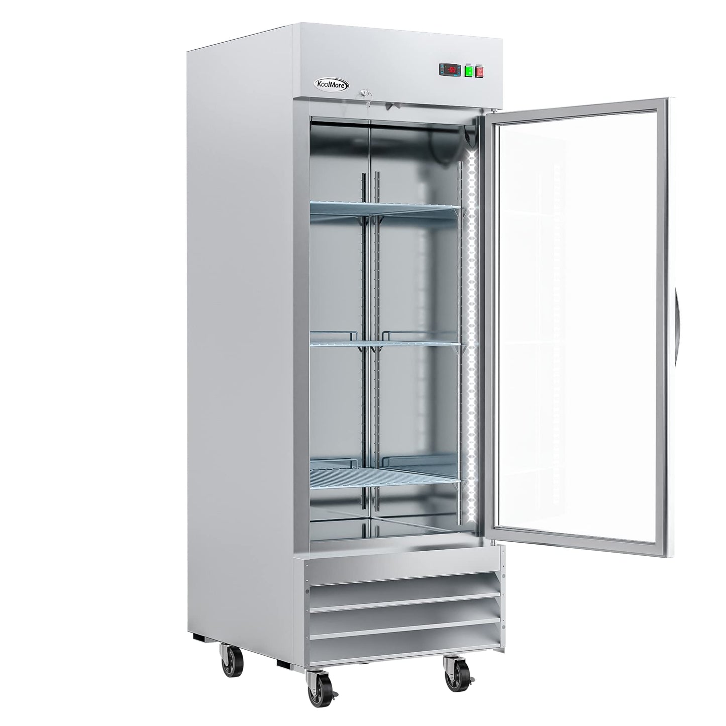 KoolMore Commercial Stainless-Steel Upright Freezer with Reach-In Self-Close Glass Door, 3 Storage Shelves, Heavy-Duty Caster Wheels, Frost-Free Temperature Control - 23 Cu.Ft [Silver] (RIF-1D-GD)
