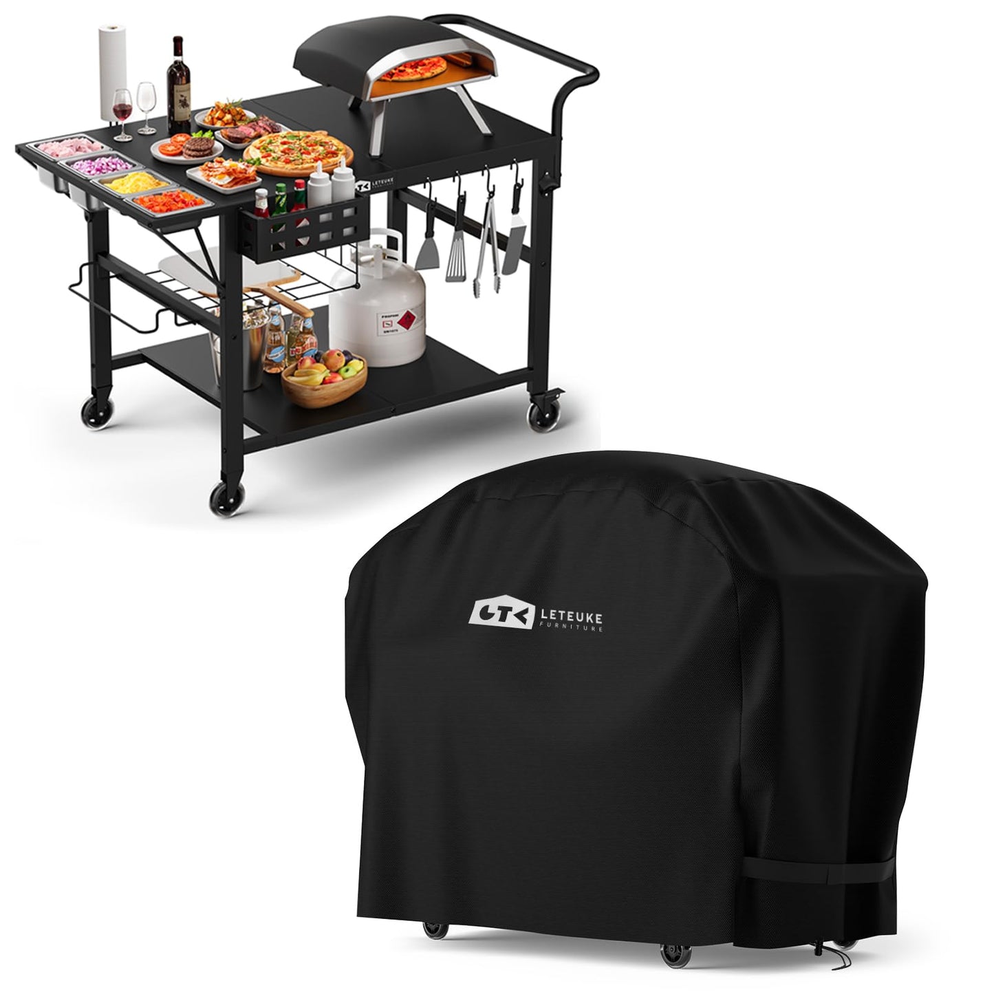 Pizza Oven Table and Grill Cart Cover for Outdoor Pizza Oven Stand Fits Ninja, Blackstone Griddle, Cuisinart, Gozney, Solo Stove, BBQ Prep Tables Station