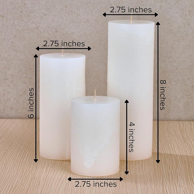 Simply Soson 3x4, 3x6, 3x8 inch White Pillar Candles, Set of 3 Pillar Candles, Rustic Texture, Unscented White Candles, Dripless Candles, Ideal as Wedding, Parties, Spa, Dinner, Home Decor, Church