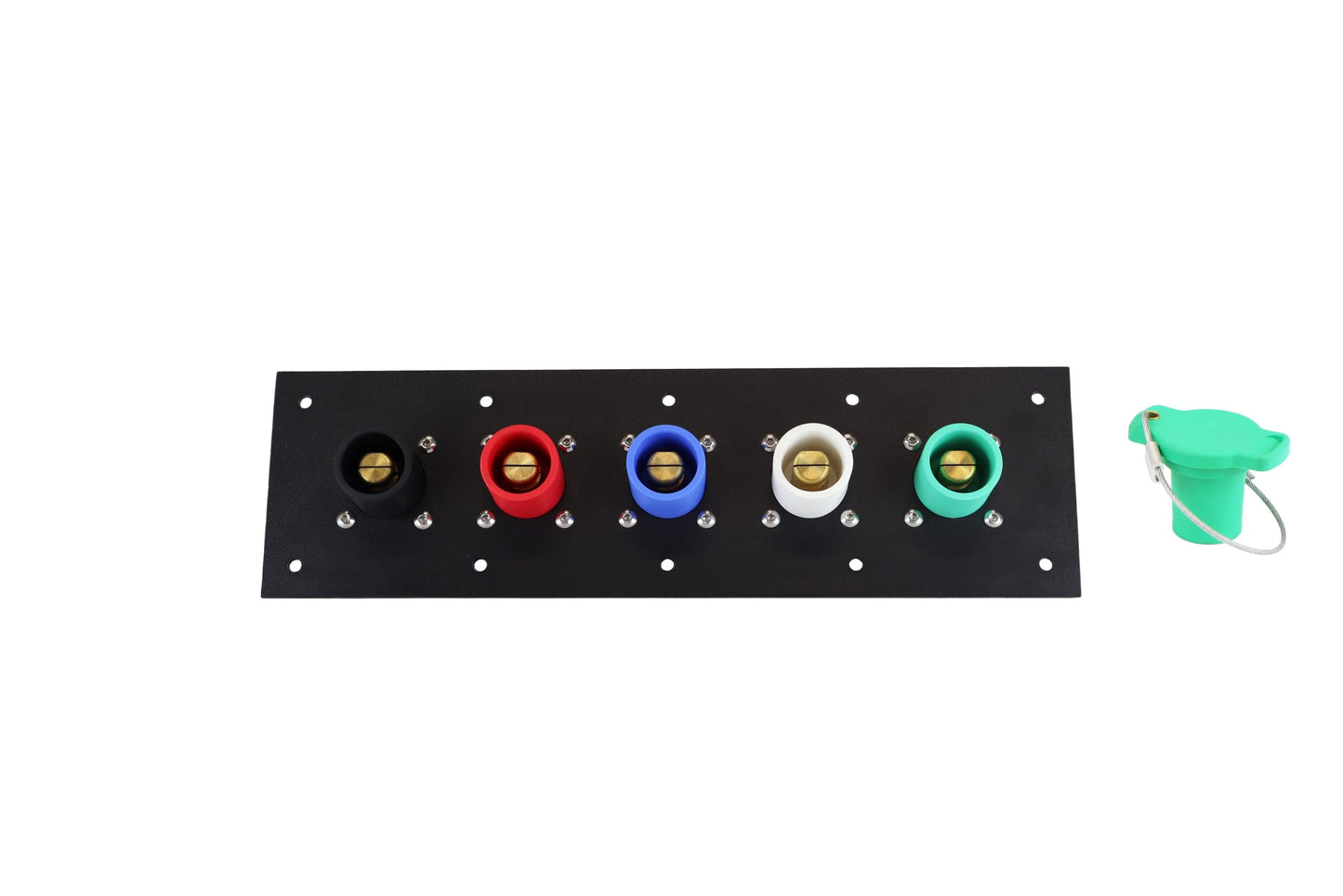 Power Assemblies 5 Position CAM Lock Panel, 400 Amp, 3 Phase 120/208V, Male, 90°, Double Set-Screw Connections with NEMA 3R Caps and Lanyards, Series 16 CAM Connectors, Power Distribution Panel
