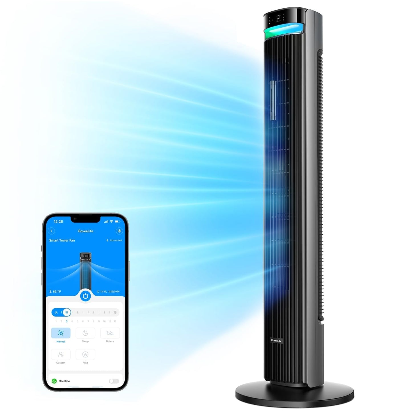 GoveeLife 42'' Tower Fan for Bedroom, Smart Floor Fans with 150° Adjustable Oscillating, APP & Voice Control, 5 Modes 12 Speeds up to 26ft/s, 24H Timer, 27dB Quiet Fan for Cooling Home Office Silver