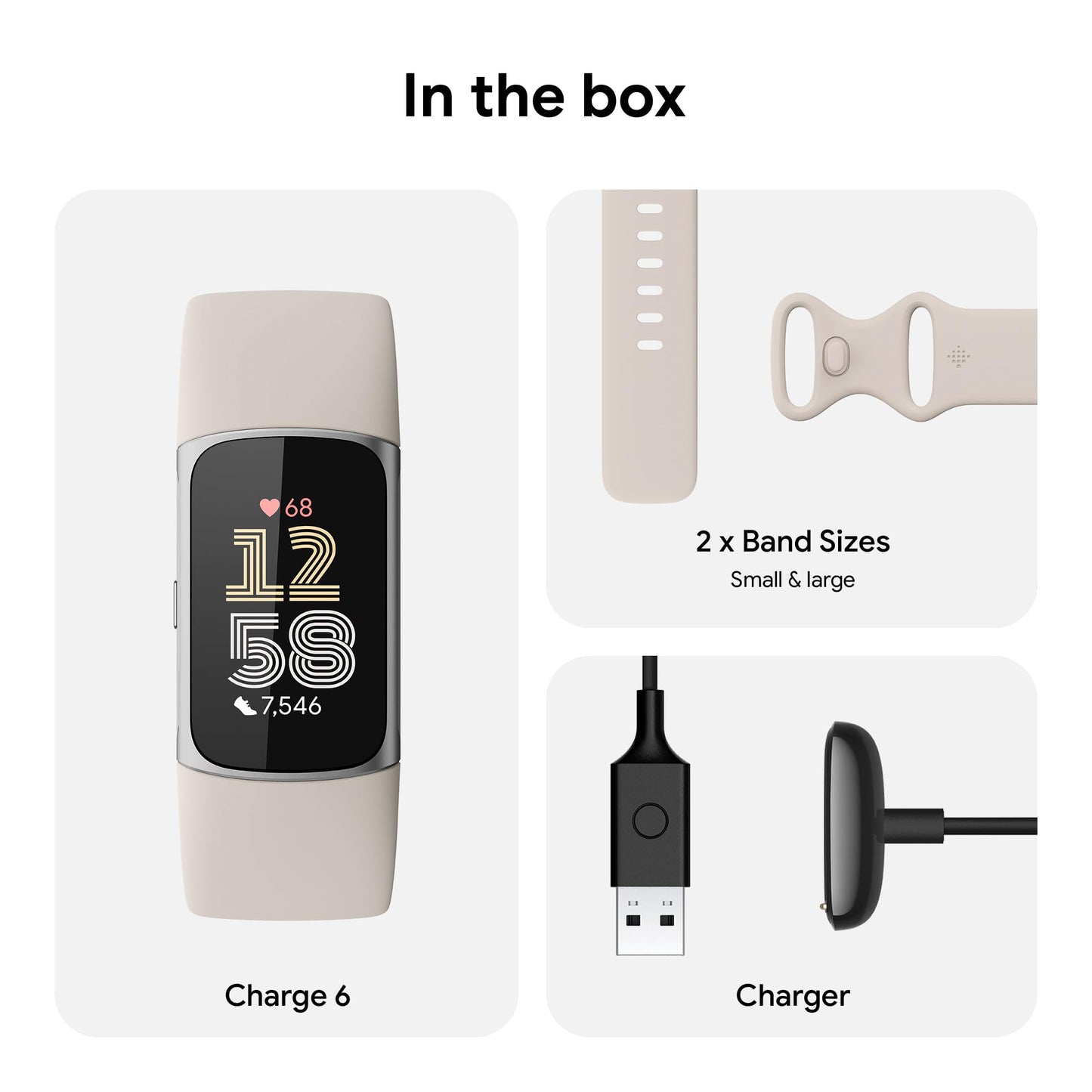 Fitbit Charge 6 Fitness Tracker with Google Apps - Heart Rate on Exercise Equipment - 3-Month Google Health Premium Membership Included - Health Tools - Porcelain/Silver - Small&Large Bands Included