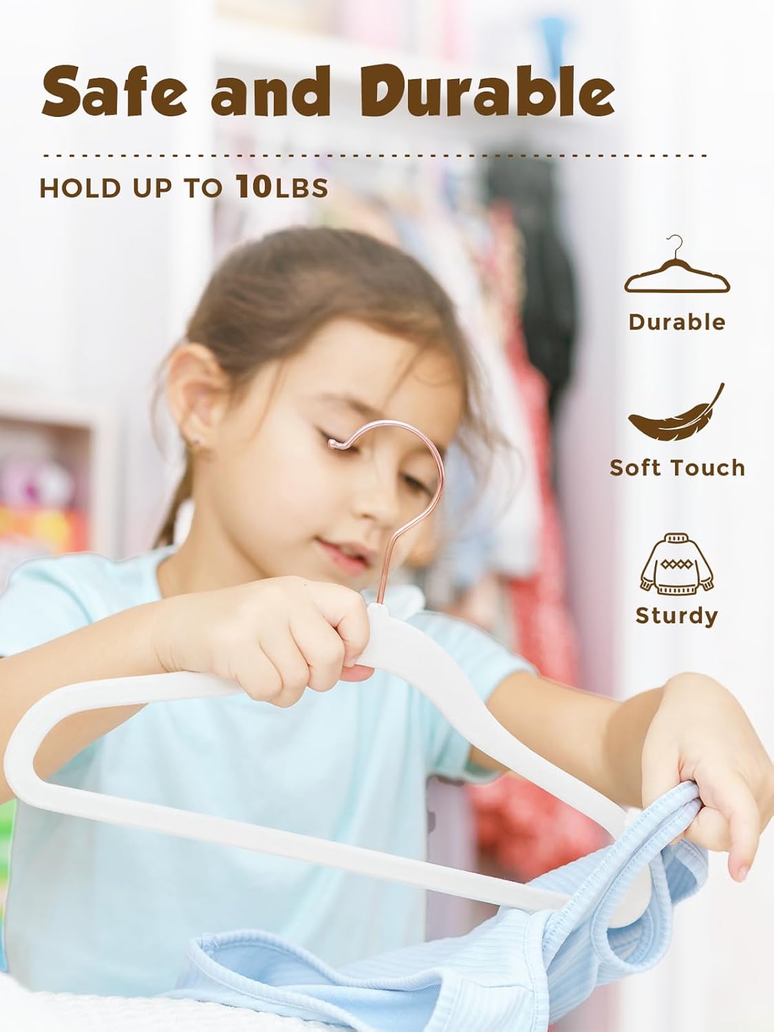 Smartor Kids Velvet Hangers - 50 Pack Premium Non-Slip Felt Hangers for Toddler Clothes | 14 Inch, White with Rose Gold Hook
