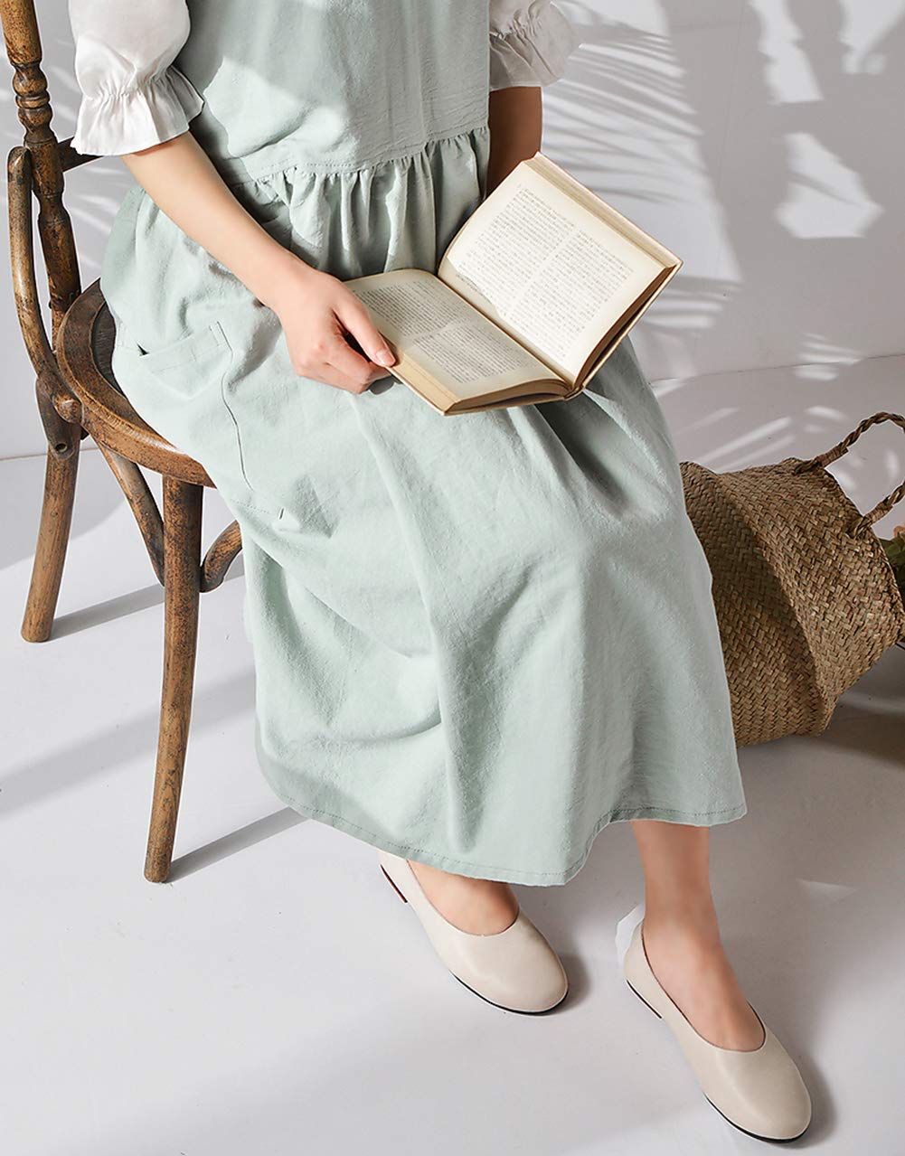 NEWGEM Cotton Linen Cross Back Apron for Women with Pockets for Cooking Gardening Turquoise without Waist Ties