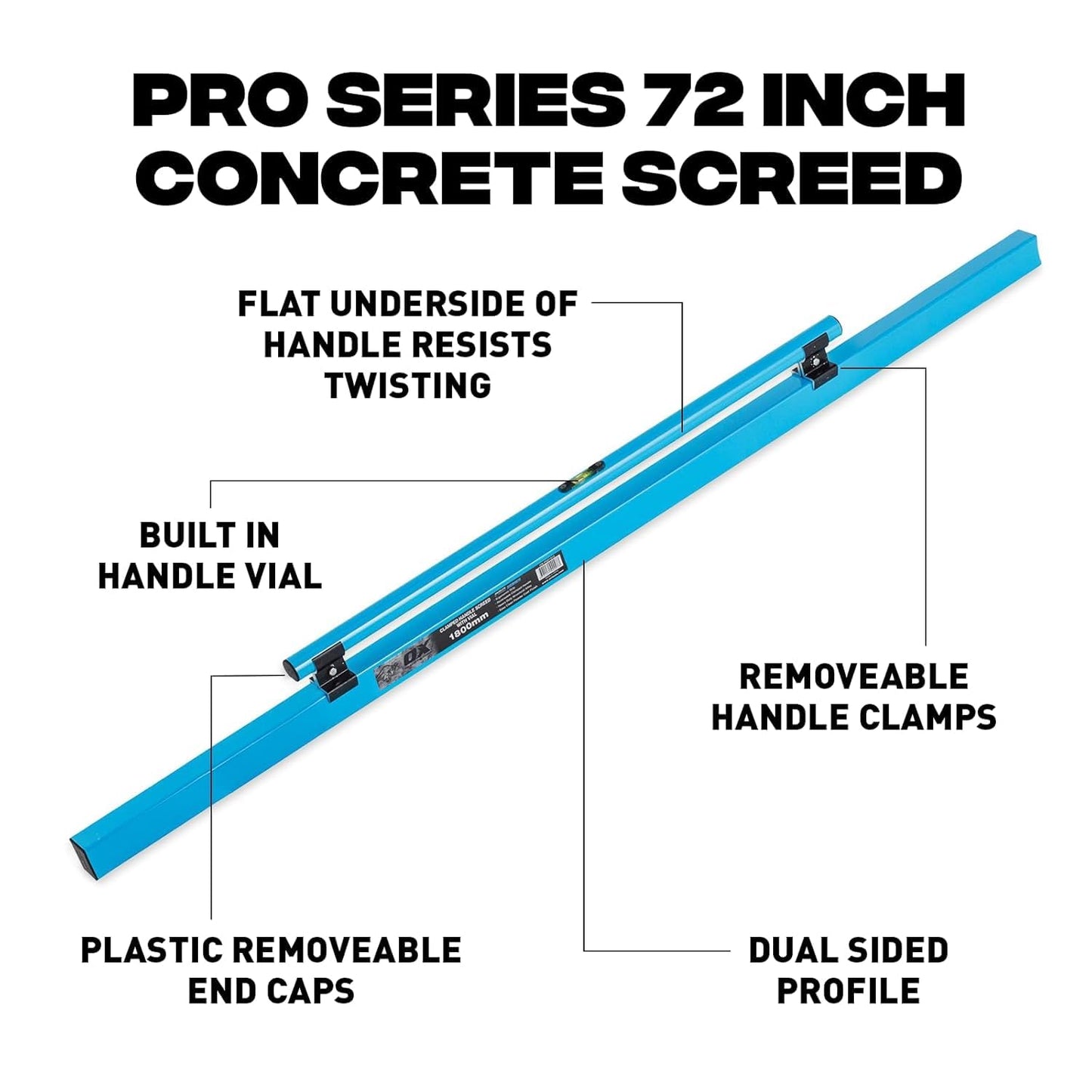 OX Tools Concrete Screed, Pro Series 72 Inch Screed with Level Vial, 6 Ft Concrete Darby, Aluminum Lightweight & Reversable Handle for Cutting and Smoothing Concrete, Powder Coated for Easy Cleanup