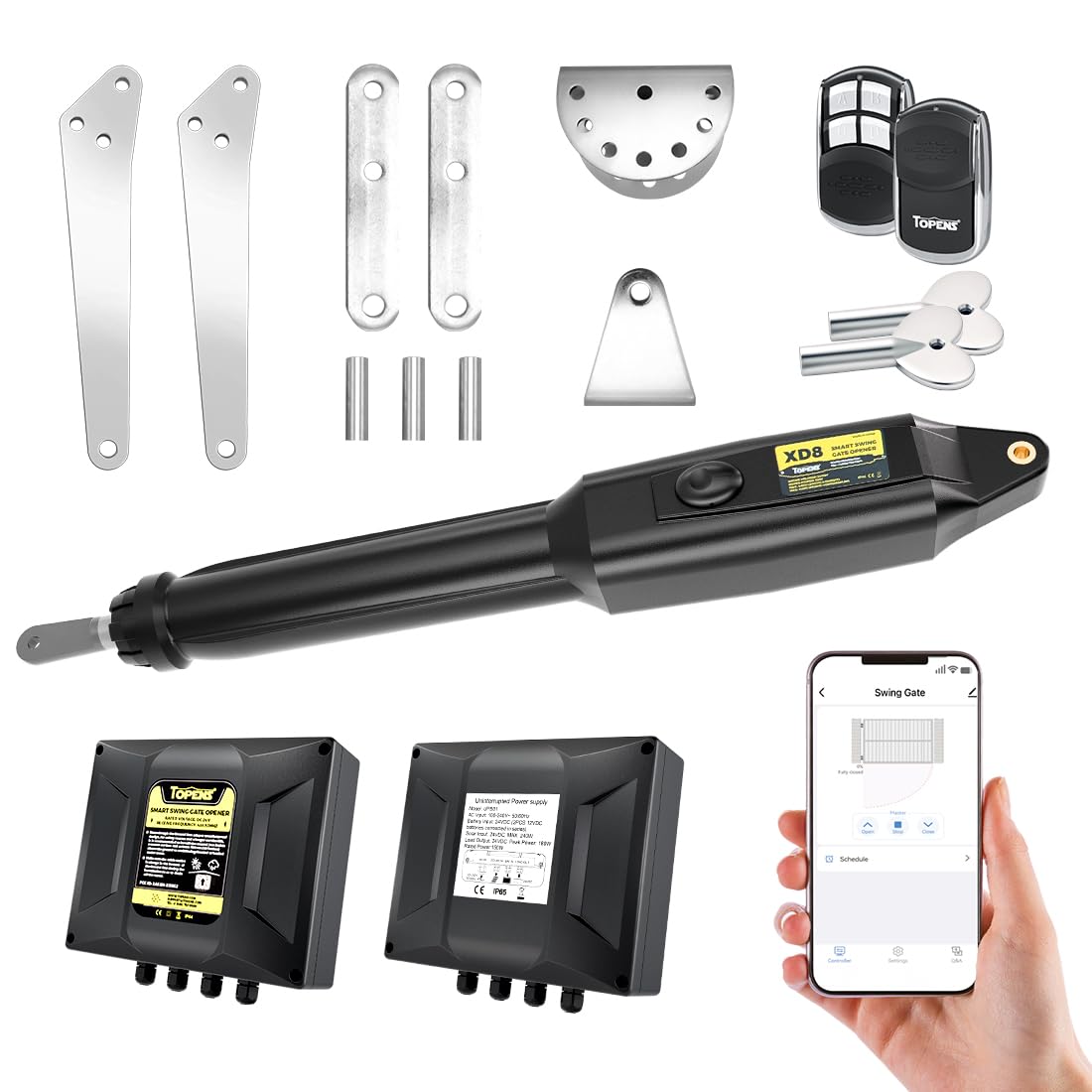TOPENS XD851 Smart Gate Opener for Heavy Duty Single Swing Gates Up to 18ft, Automatic Gate Opener with App Control AC Powered Remote Control Kit Solar Compatible