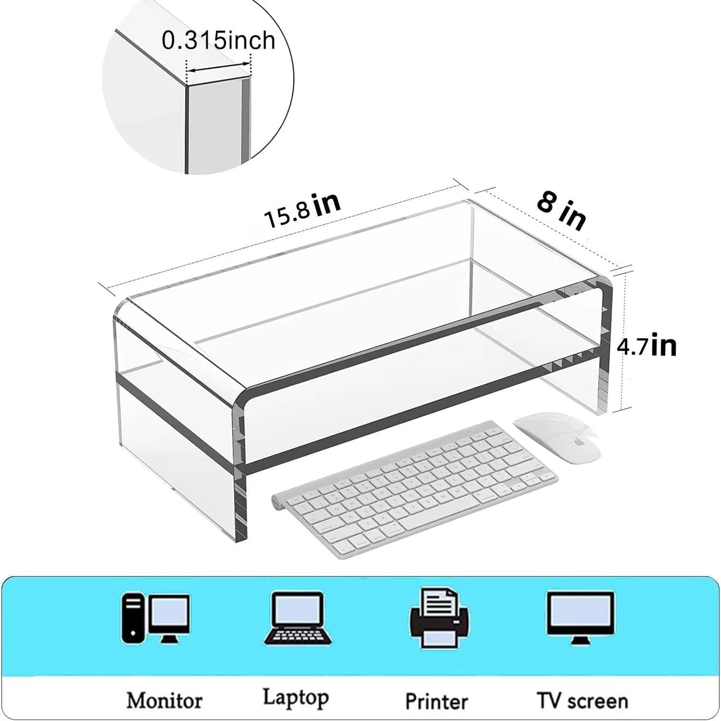 2 16/20 Inch, (16in) Acrylic Monitor Stand, Tier Riser with Storage Shelf, Clear, Home Office Desk Organizer