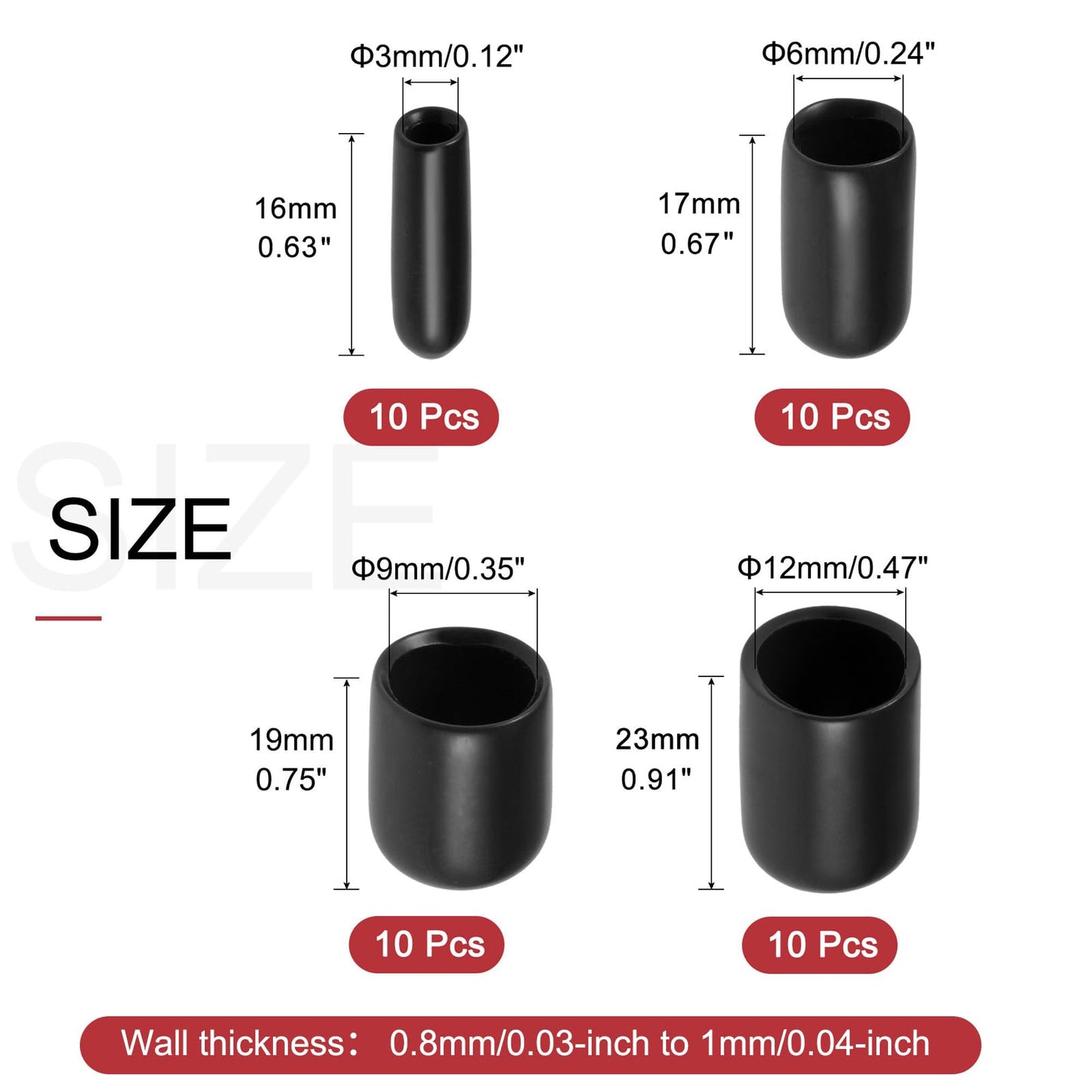 uxcell 40pcs Round Rubber End Caps 1/8" 1/4" 3/8" 1/2" Black Vinyl Cover Screw Thread Protectors Assortment Kit(3mm 6mm 9mm 12mm)
