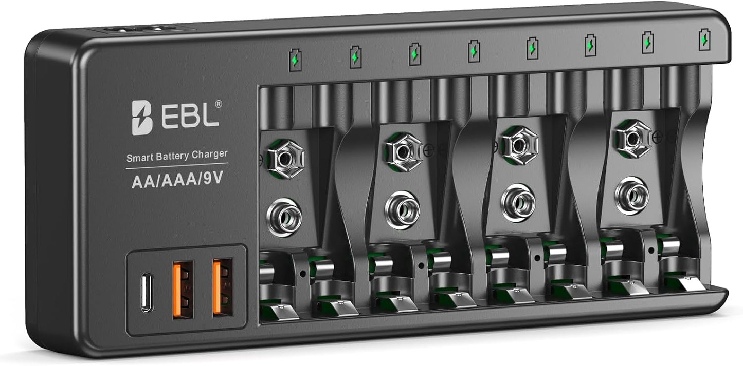 EBL 9V 9V 2 1 AA AAA Individual Battery Charger for AA AAA NiMH NiCD Rechargeable Battery, with USB-A & USB-C Charging