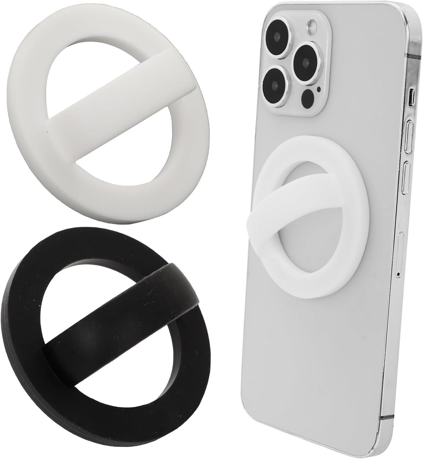 Bnapott 2pcs 360 Silicone Ring Grip Phone Holder, Soft Finger Loop for MagSafe iPhones, White & Black, Rotating