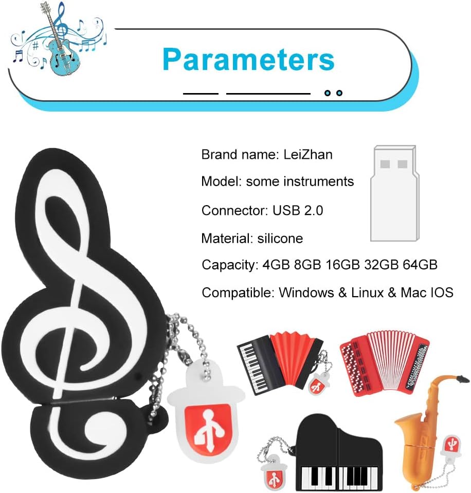 leizhan 5 8GB Accordion*2/Saxophone/Piano/Notes x Cute Music USB Flash Drive, Shape Musical Instruments Thumb Drive