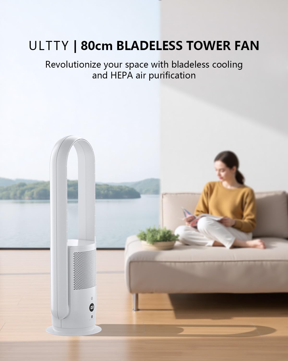 U ULTTY Bladeless Fan with Air Purifier, Quiet Tower Fan with Remote, Touch, 9 Speeds, 8H Timer, HEPA Filter 99.97%, 90° Oscillation Fans, Floor Fans Powerful for Home Office Room, CR022D White