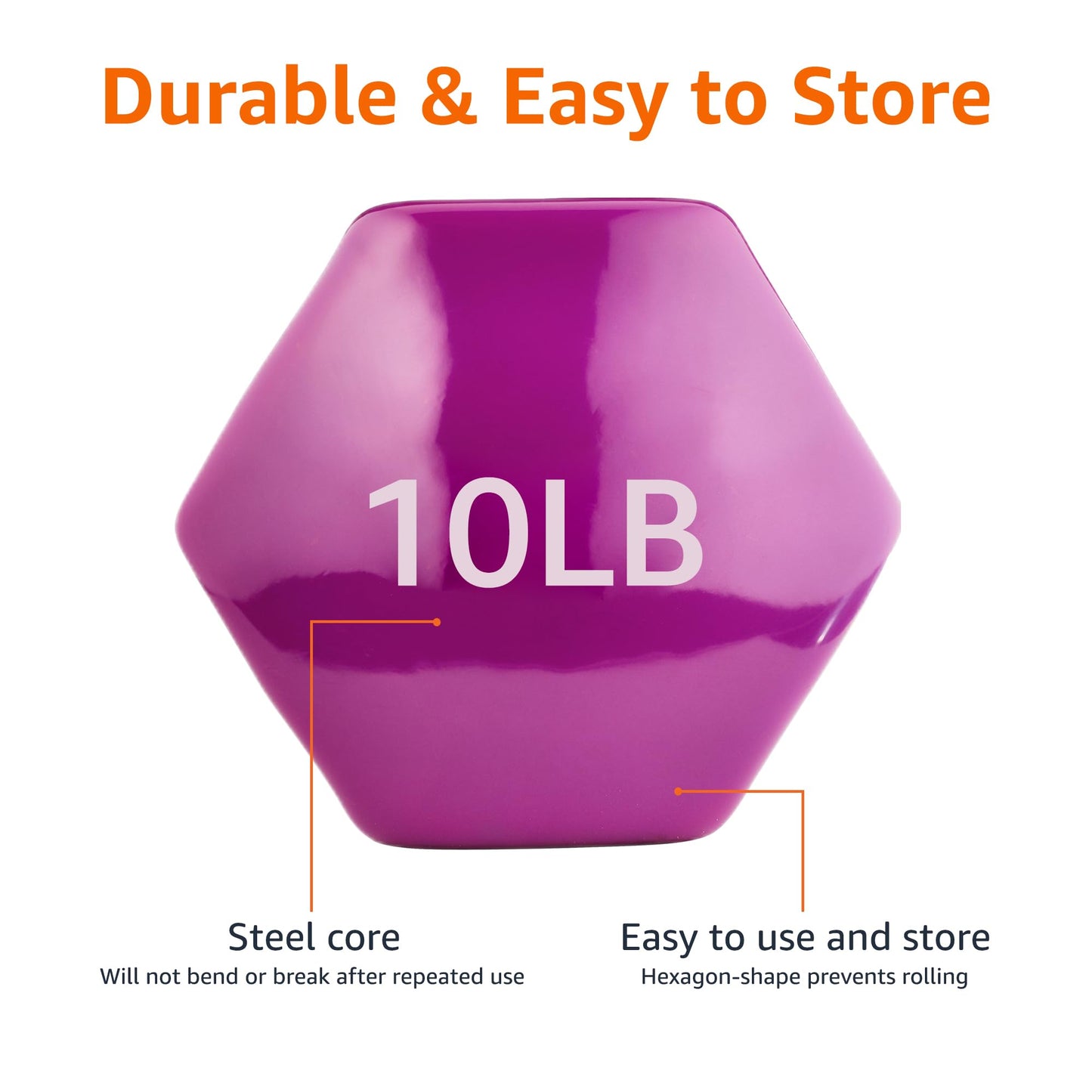 Amazon Basics Vinyl Coated Hexagon Dumbbell Hand Weights, Easy to Use and Store, 10 Pounds, Pair, Purple