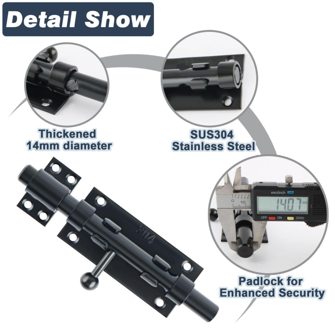 Alise Slide Lock SUS304 Stainless Steel Gate Latch, Slide Bolt Latch,Thickened Heavy Door Latch Lock,6 Inch Black Barrel Bolt Latch, Security Slide Latch Lock