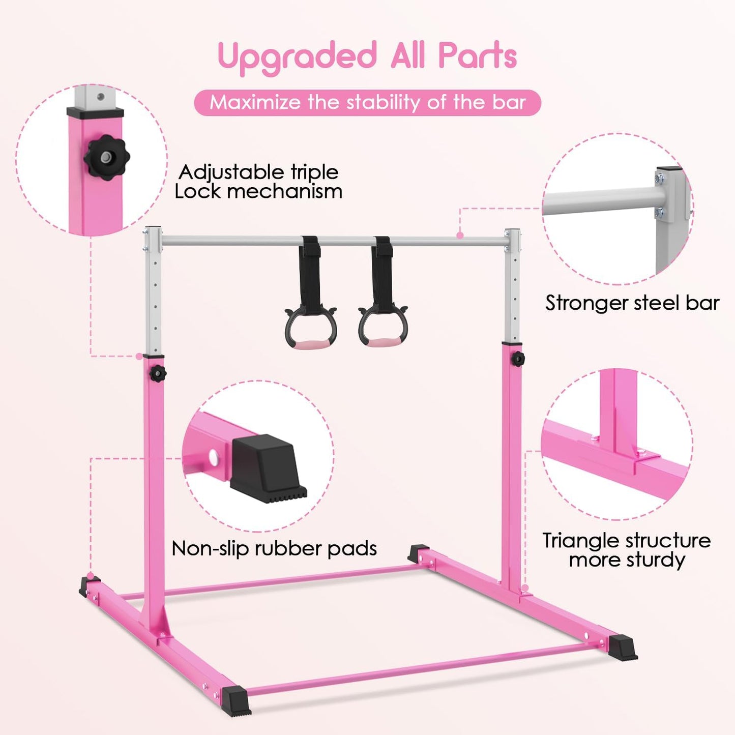 Safly Fun Gymnastics Bar for Kids Ages 3-15 | Sturdy Steel Home Gym, Adjustable Height (3 to 5 ft) with Anti-Slip Base, Easy Assembly