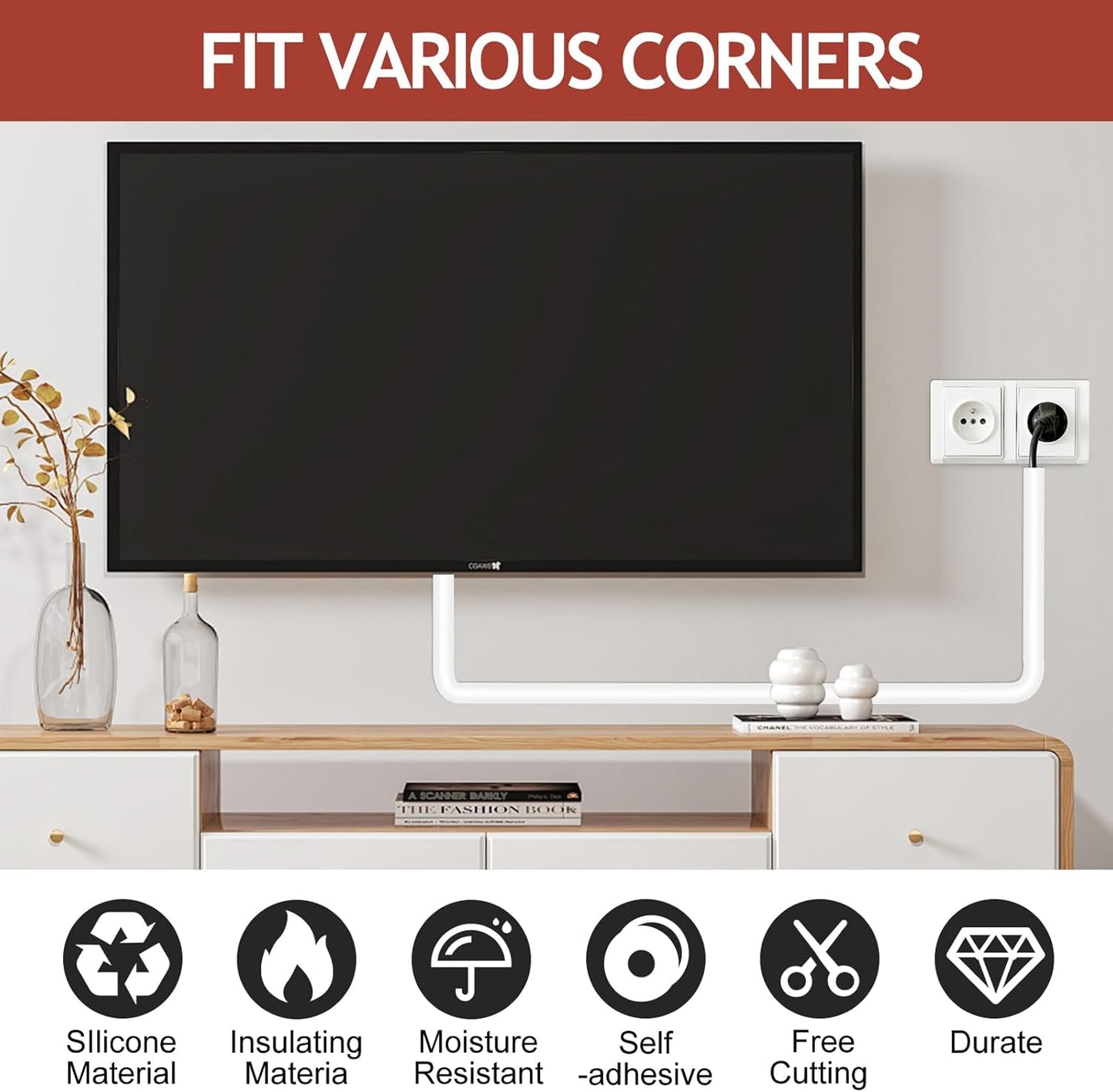 YESSZ (White-1 118inch) Self-Adhesive Silicone Cable Hider, Flexible Wire Cover Cable Raceway for Wires, Wall Mount TV