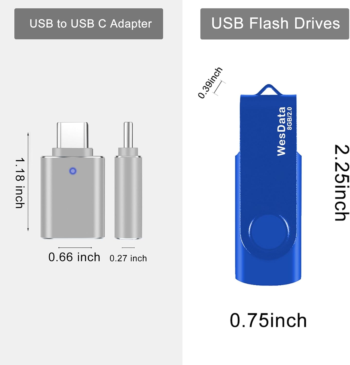 WesData 8GB 2.0 1 USB Flash Drive and USB C Adapter, Thumb Drive USB Memory Stick Jump Drive, Compatible with OTG Type