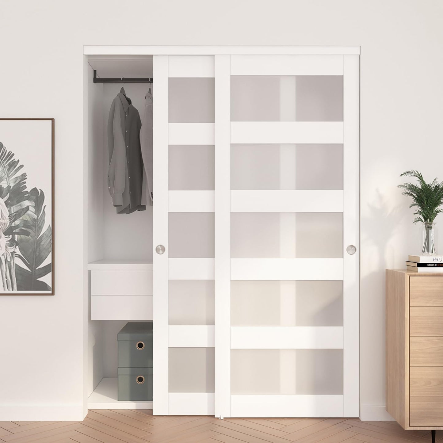 JUBEST Sliding Closet Door 60"(Double 31") x 80", 5-Lite Frosted Glass Bypass Door with Hardware Kit & Matching Fascia, Pre-Drilled Solid Wood Slab with Water-Proof PVC Surface, Easy to Install, White