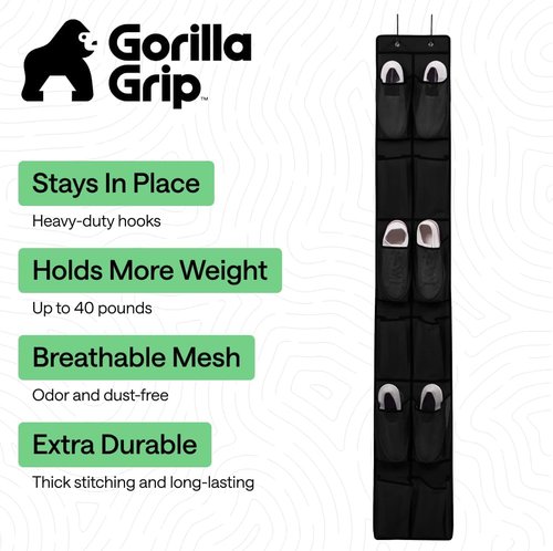 GORILLA GRIP Over The Door Shoe Organizer - 12 Large Breathable Mesh Pockets | Space-Saving Black Storage, 64H x 9.5W